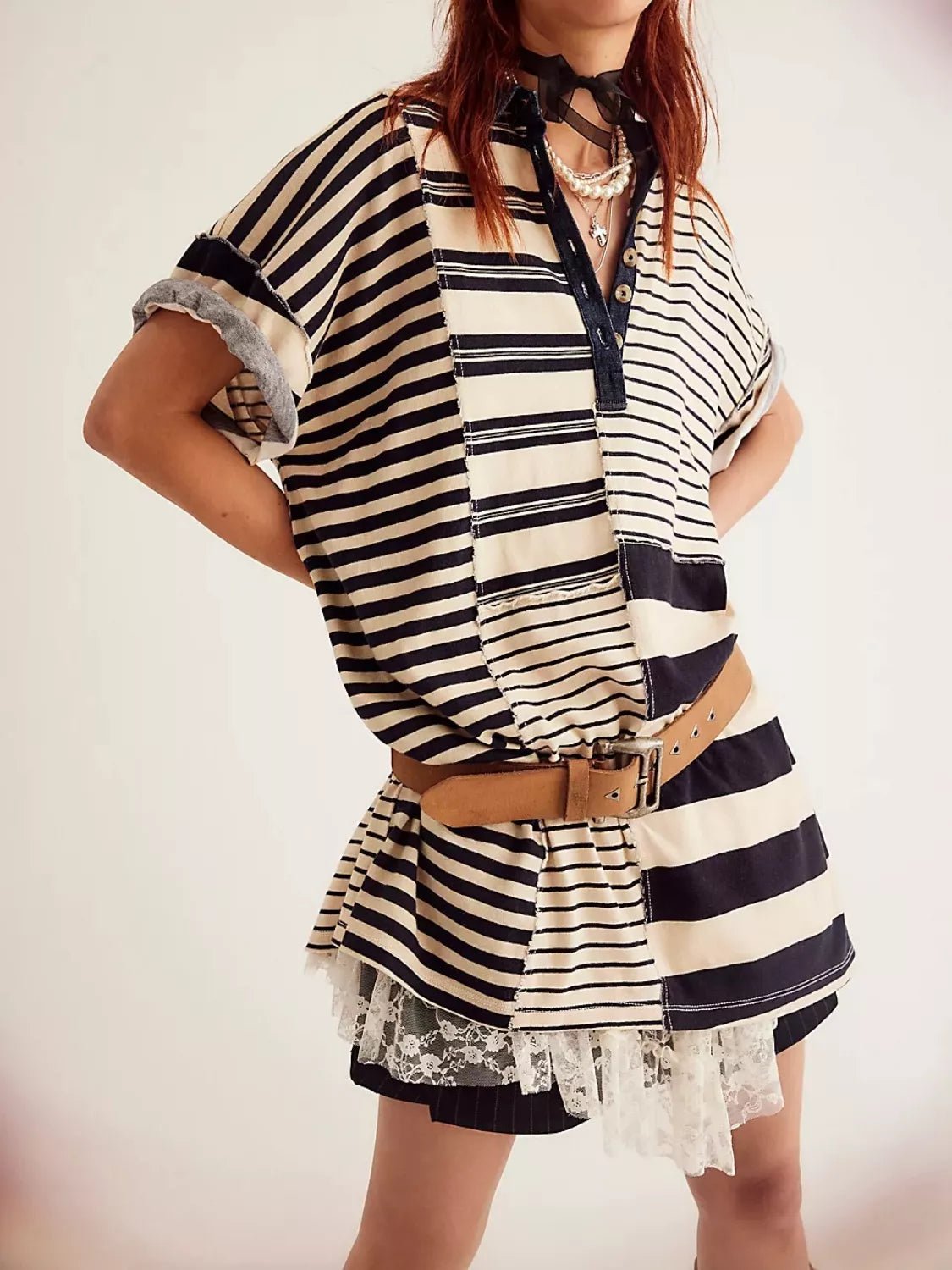 Striped Oversized Half Button Shirt Dress - MAD RUFFI