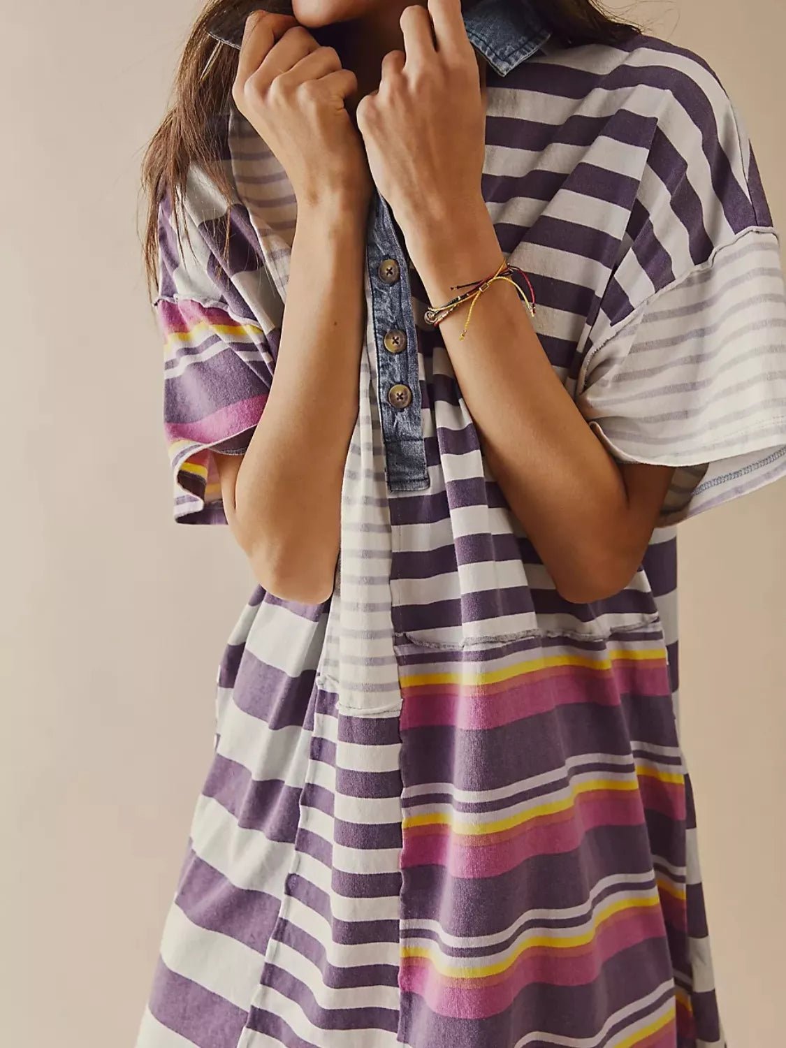 Striped Oversized Half Button Shirt Dress - MAD RUFFI