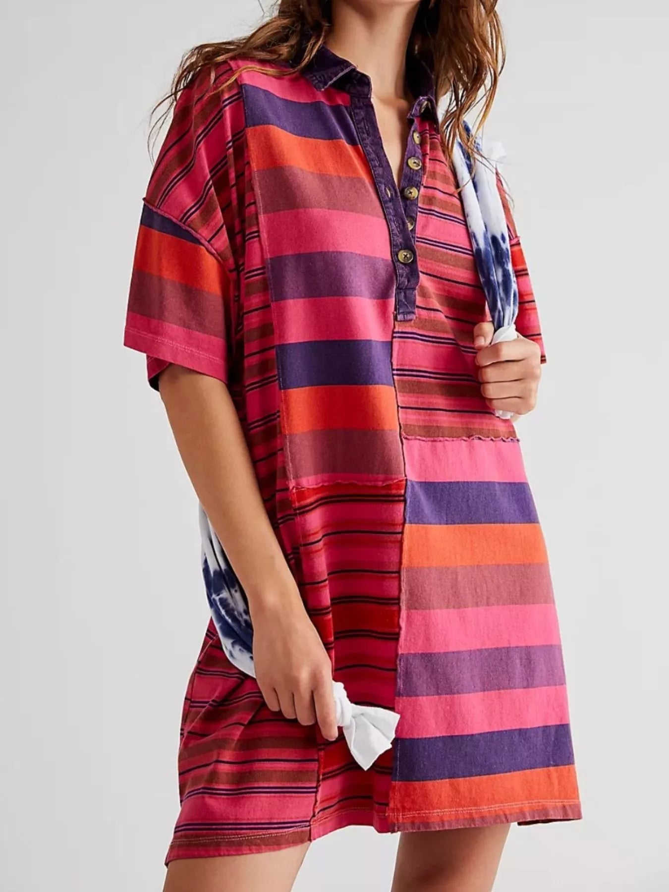 Striped Oversized Half Button Shirt Dress - MAD RUFFI