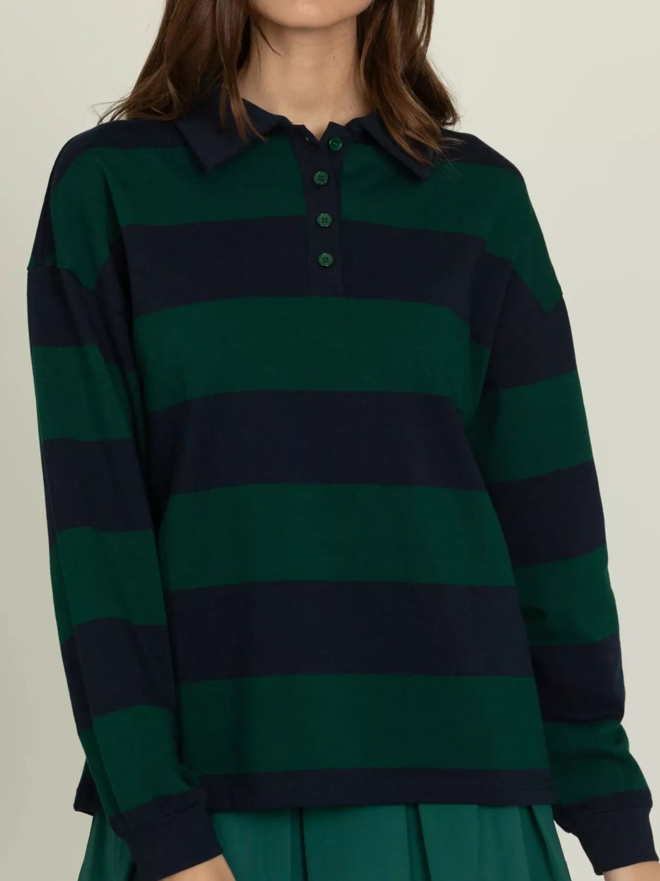 Striped Polo Collar Sweatshirt with Button Details - MAD RUFFI