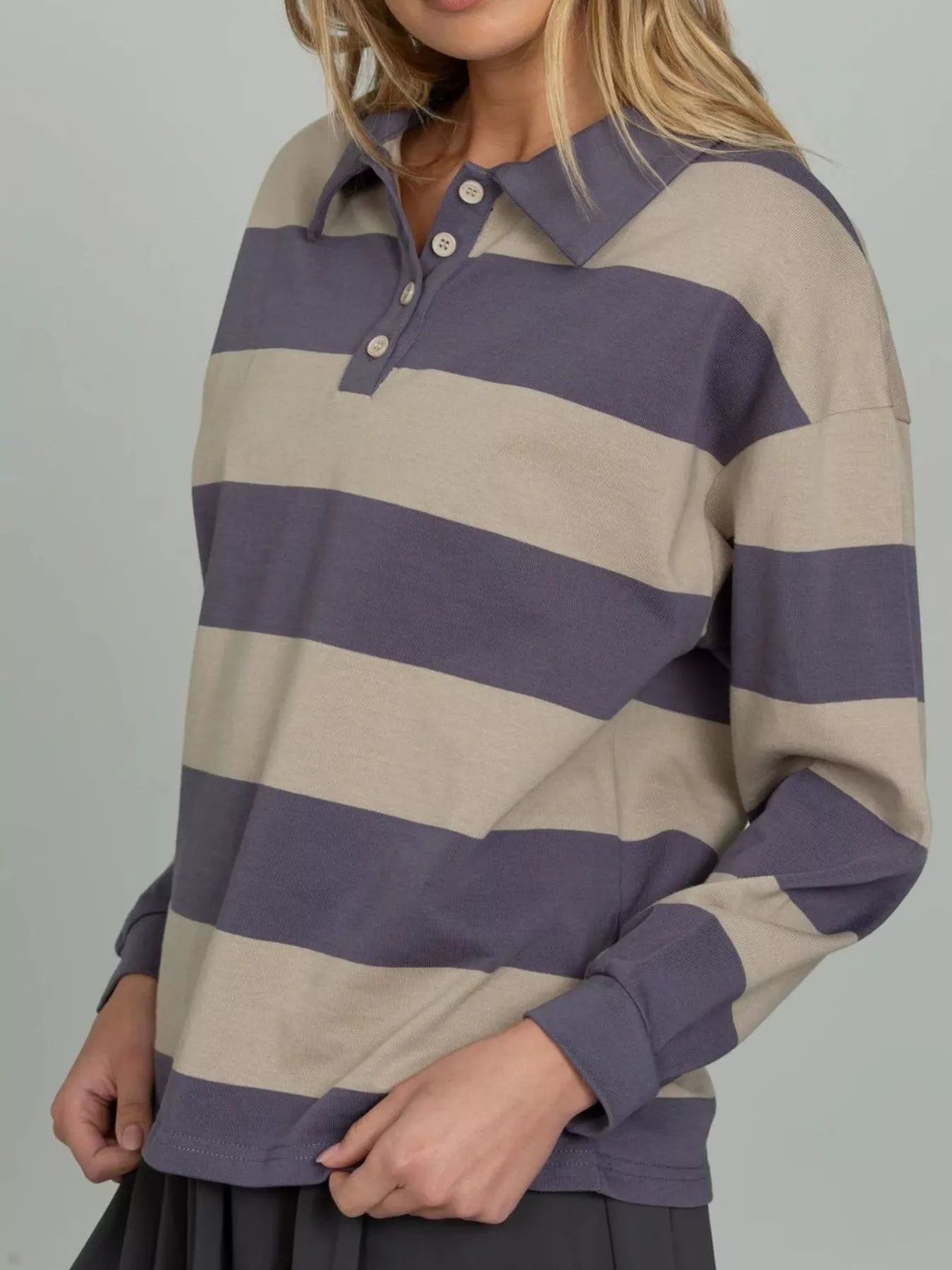 Striped Polo Collar Sweatshirt with Button Details - MAD RUFFI