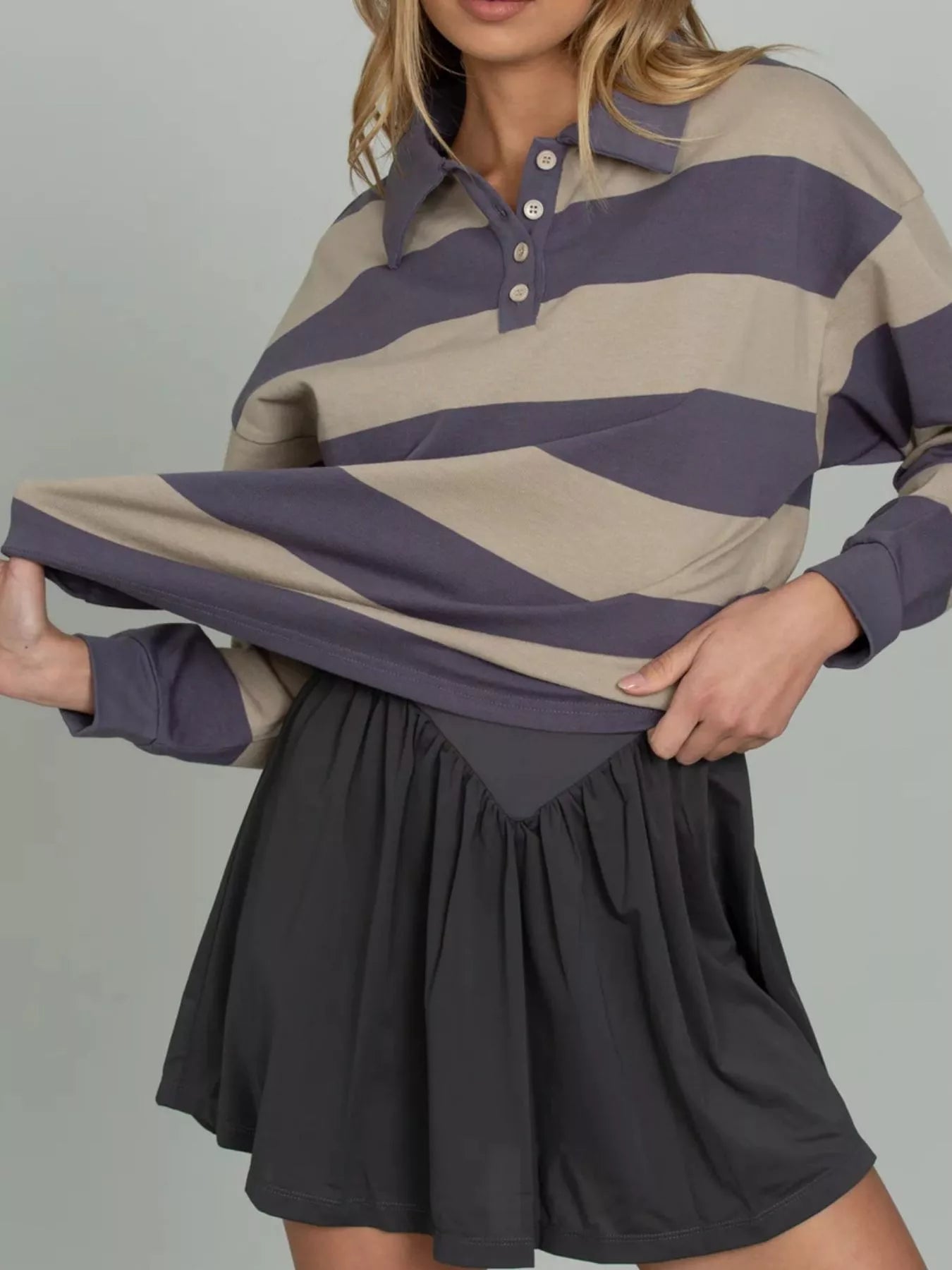 Striped Polo Collar Sweatshirt with Button Details - MAD RUFFI