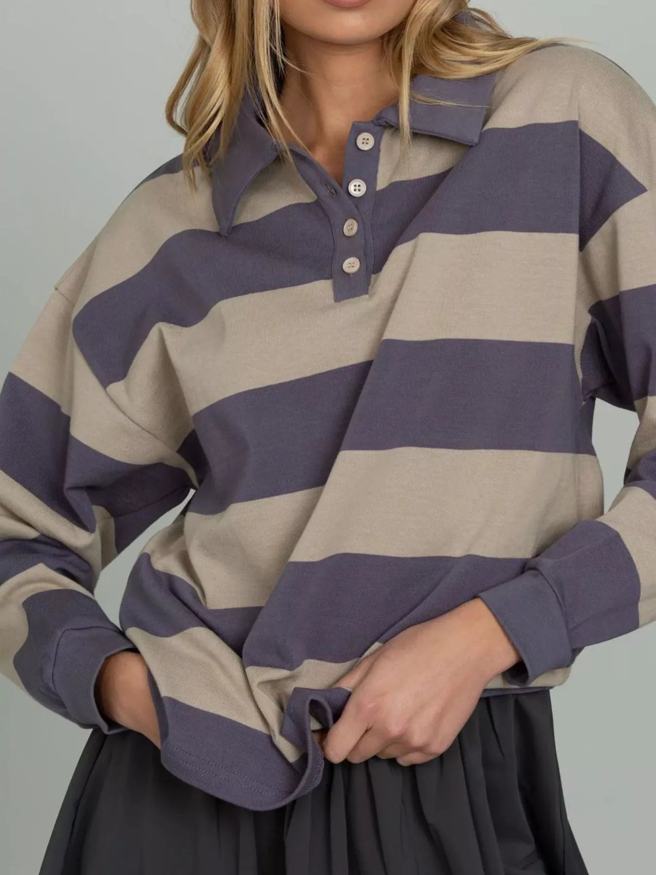 Striped Polo Collar Sweatshirt with Button Details - MAD RUFFI