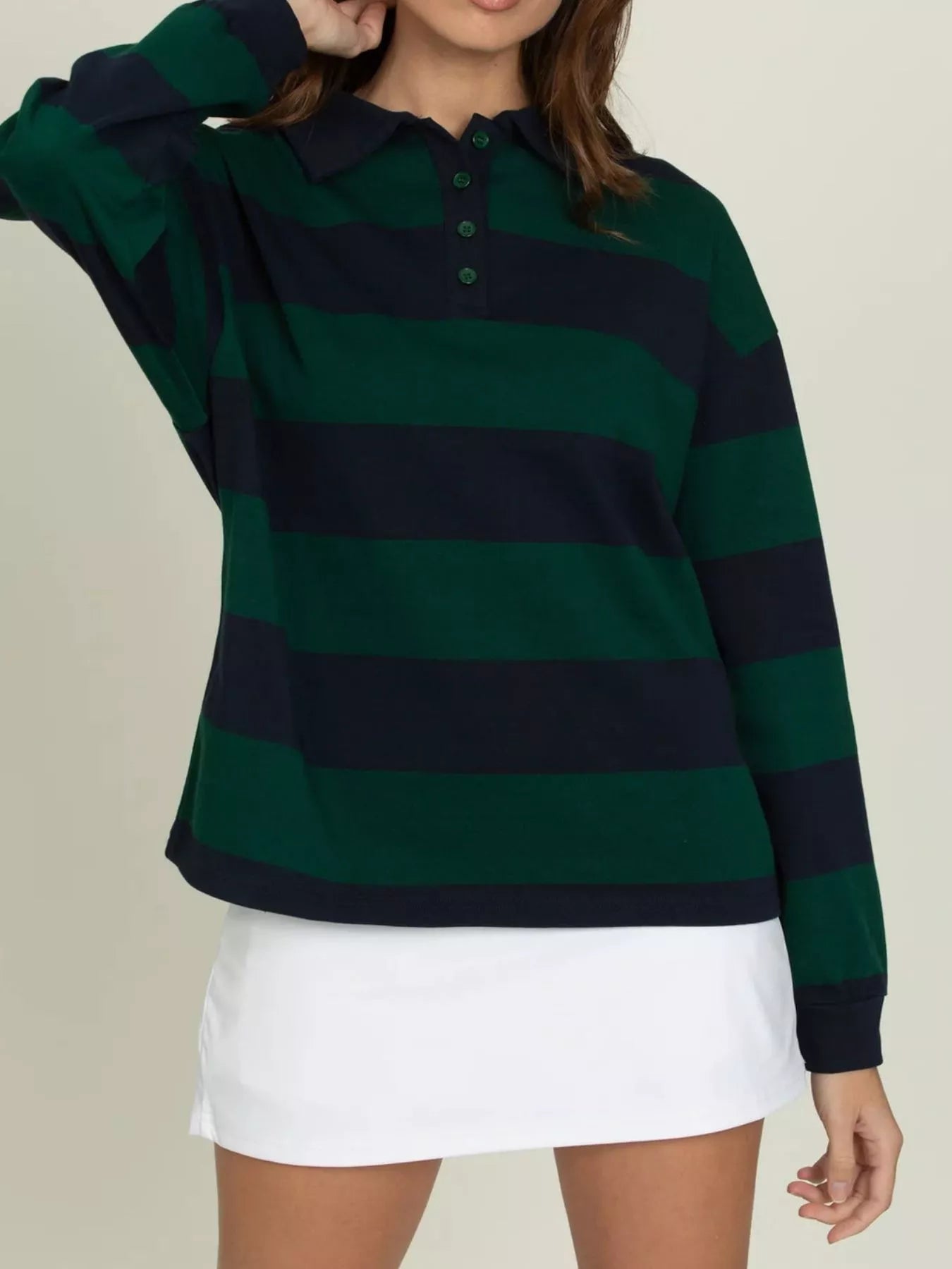 Striped Polo Collar Sweatshirt with Button Details - MAD RUFFI