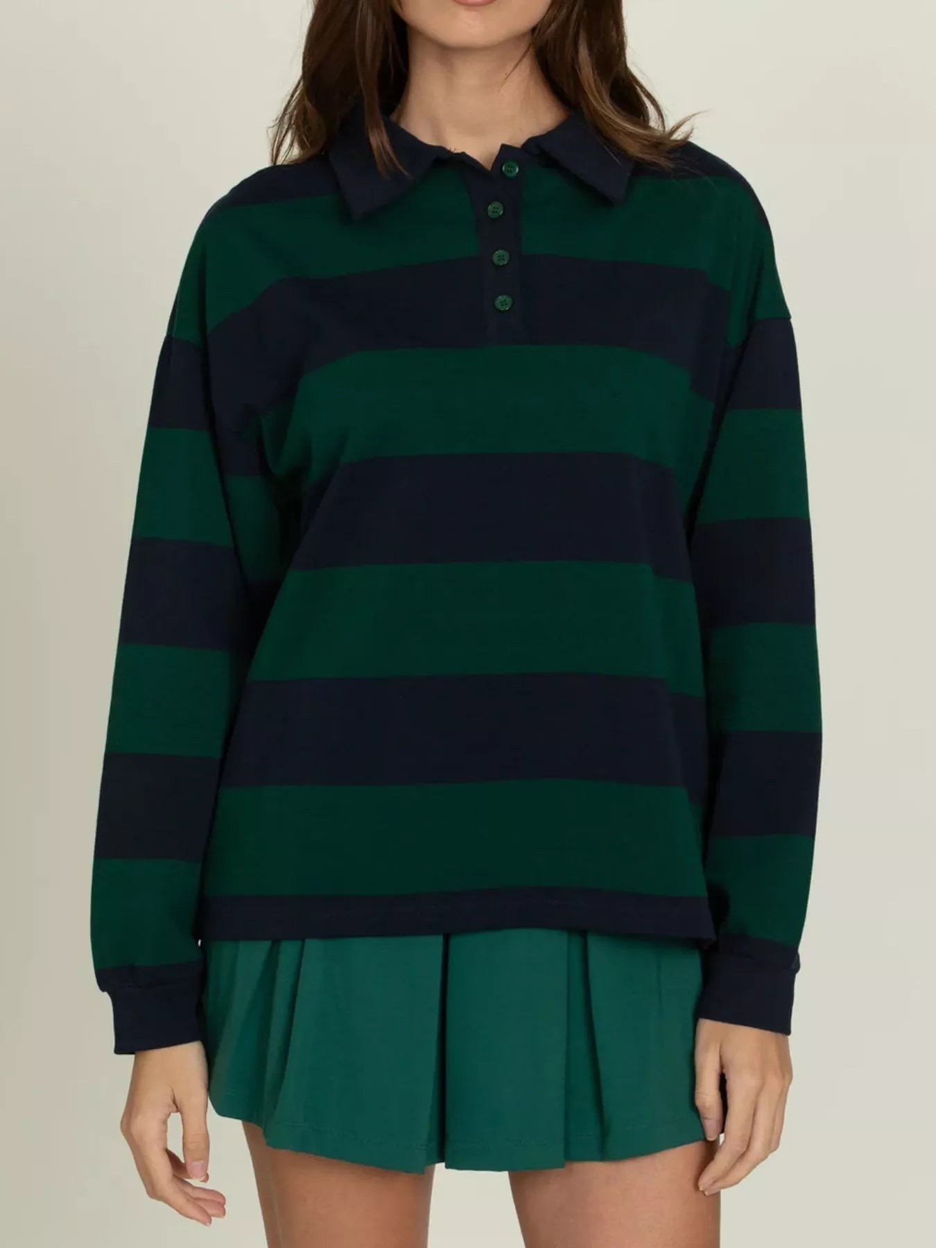 Striped Polo Collar Sweatshirt with Button Details - MAD RUFFI