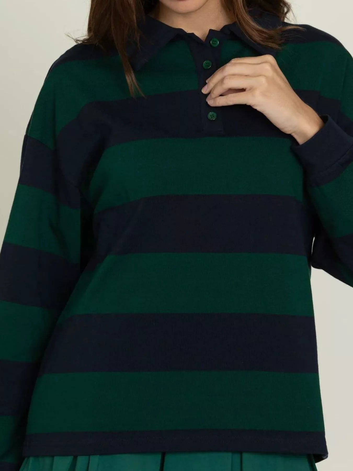 Striped Polo Collar Sweatshirt with Button Details - MAD RUFFI