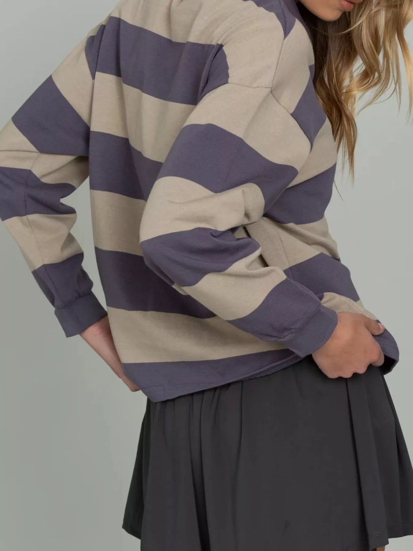 Striped Polo Collar Sweatshirt with Button Details - MAD RUFFI