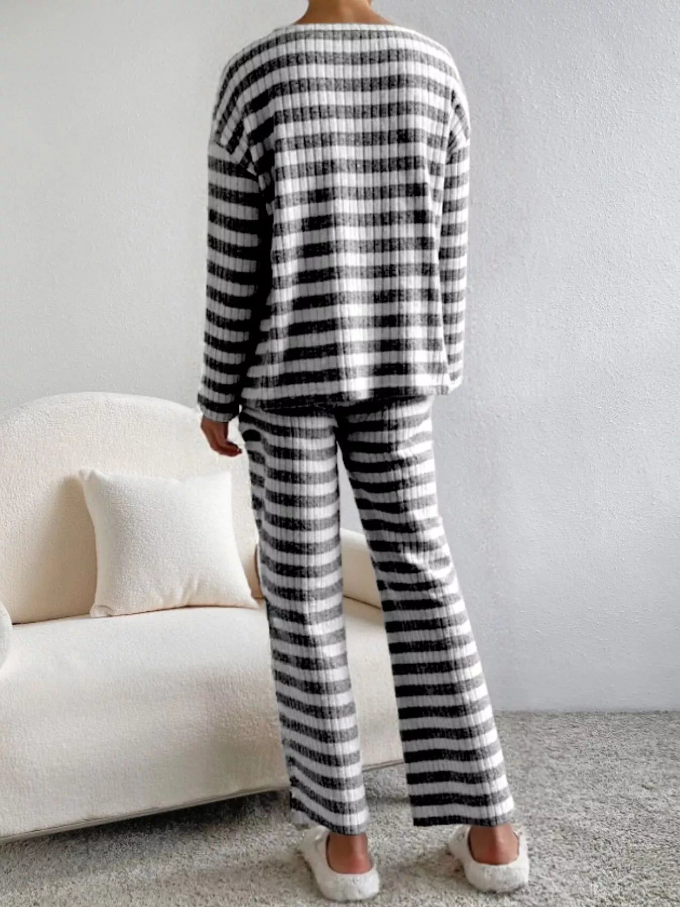 Striped Ribbed Knit Top and Pants Set - MAD RUFFI
