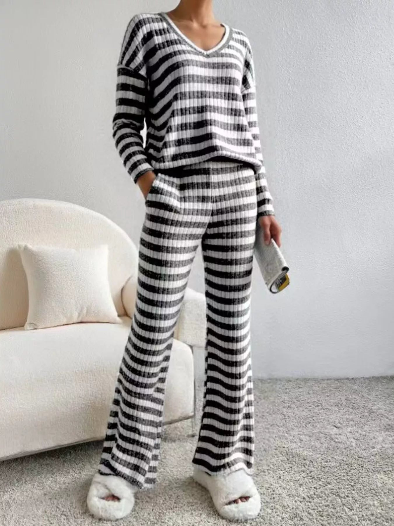 Striped Ribbed Knit Top and Pants Set - MAD RUFFI