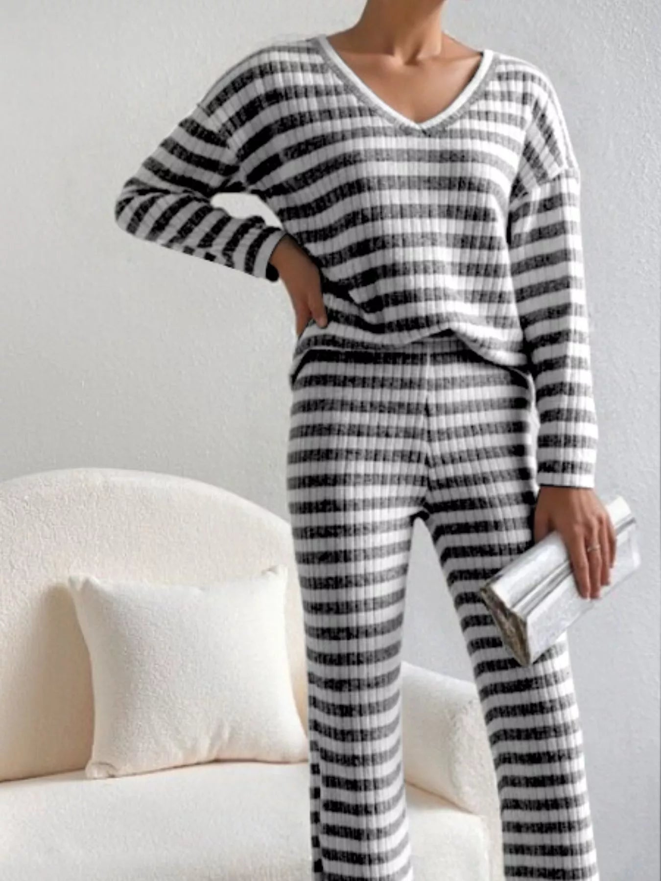 Striped Ribbed Knit Top and Pants Set - MAD RUFFI