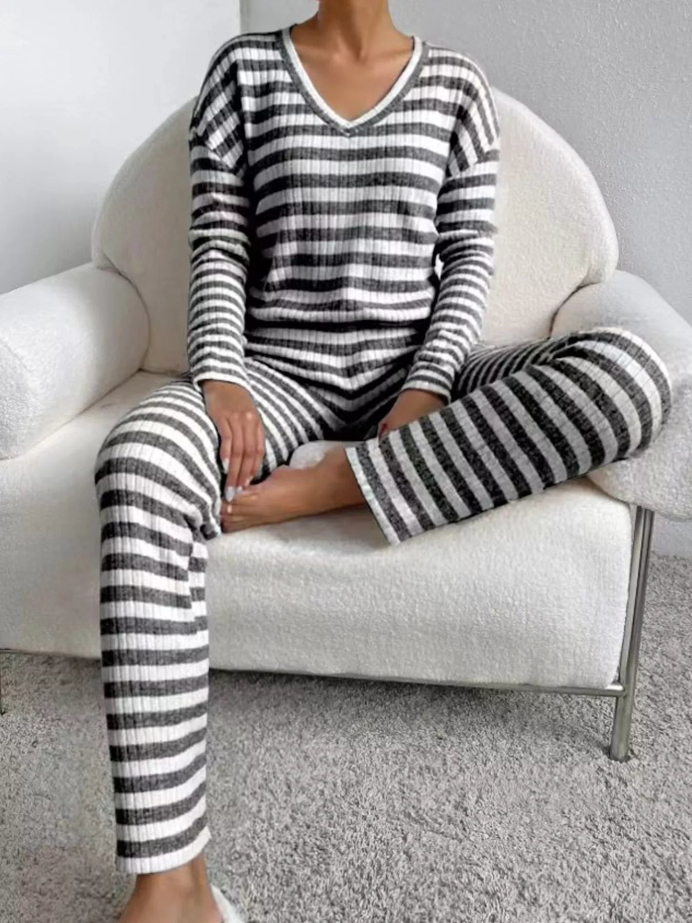 Striped Ribbed Knit Top and Pants Set - MAD RUFFI