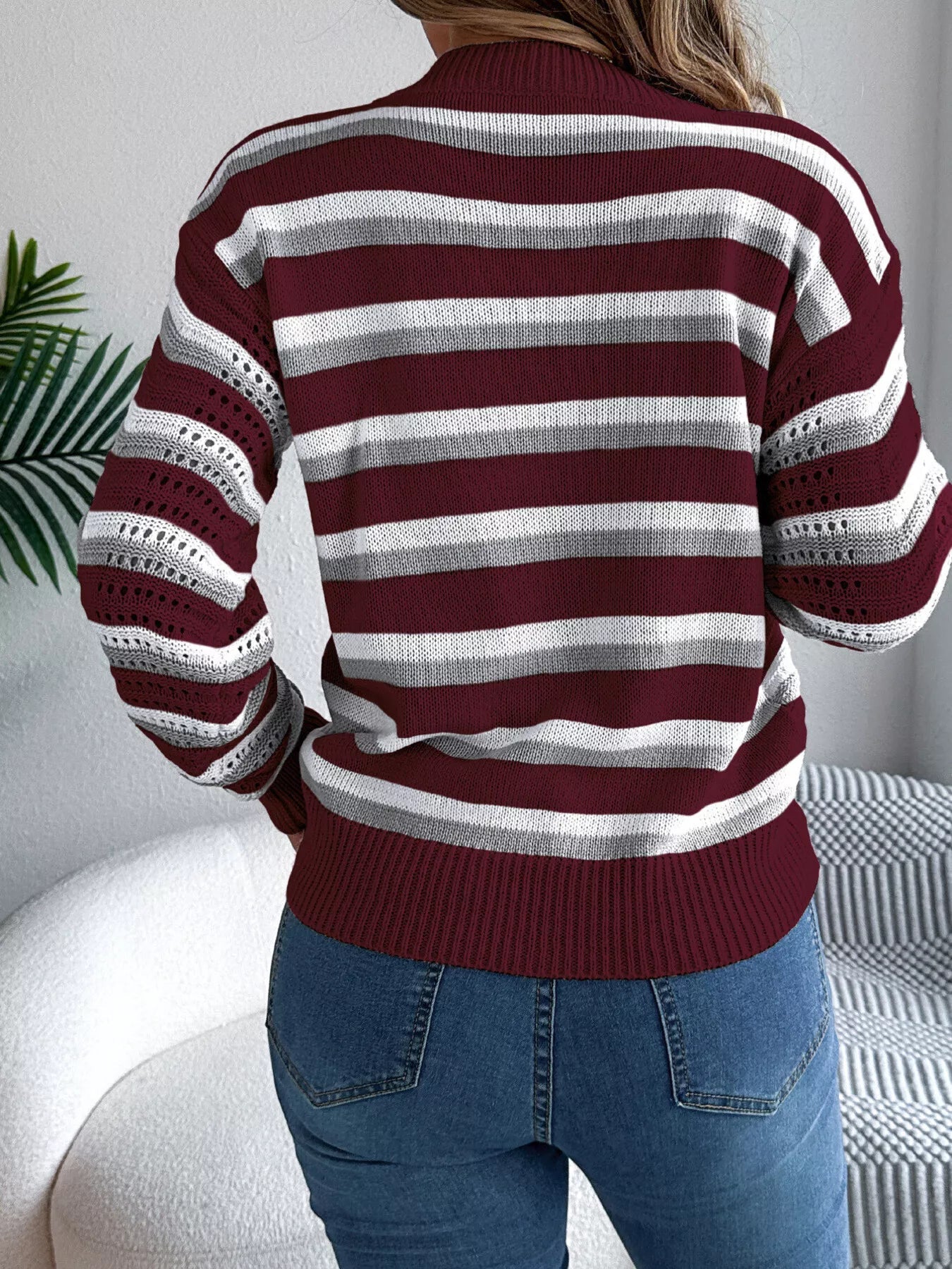 Striped Round Neck Long Sleeve Sweater - MAD RUFFI