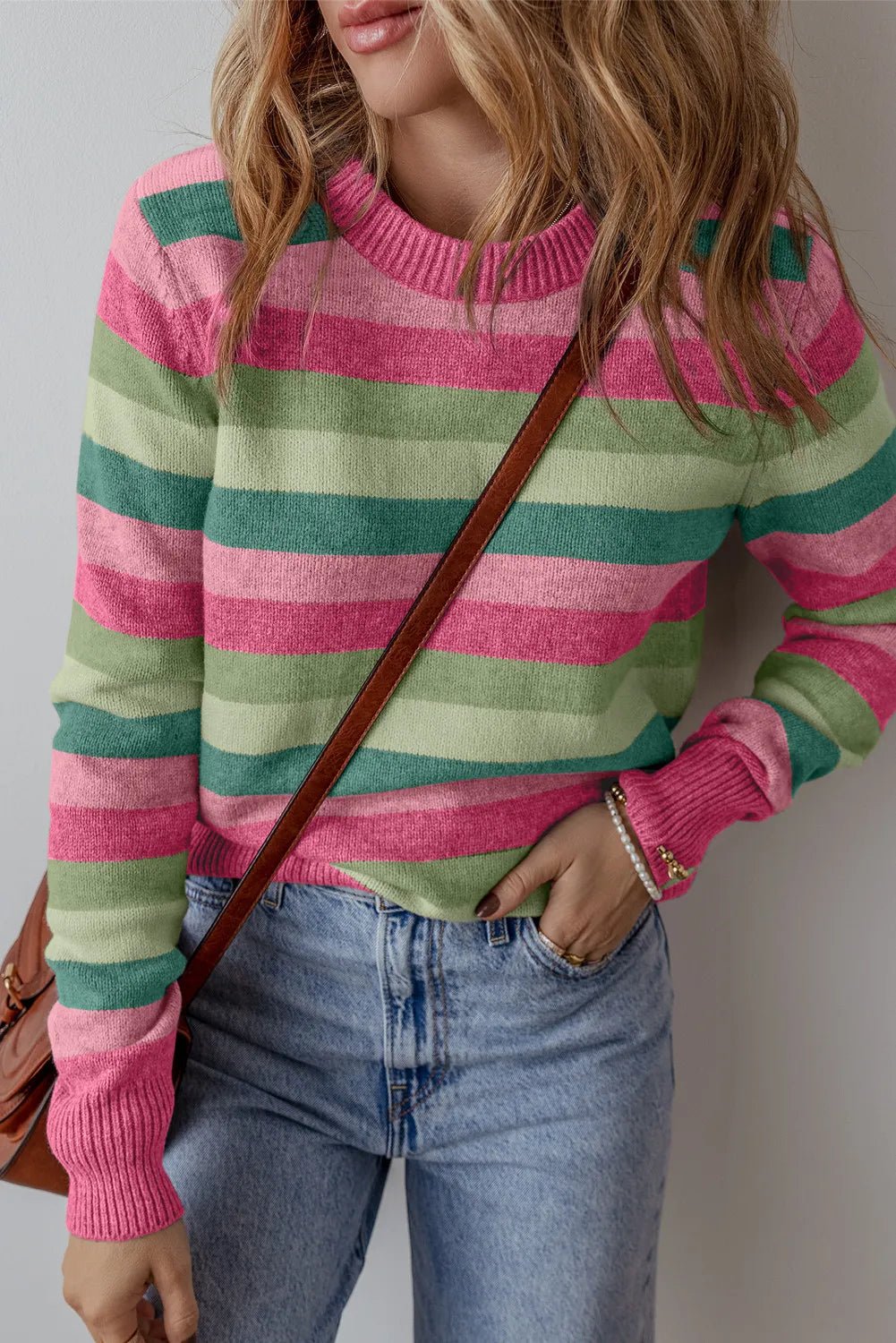 Striped Round Neck Long Sleeve Sweater - MAD RUFFI