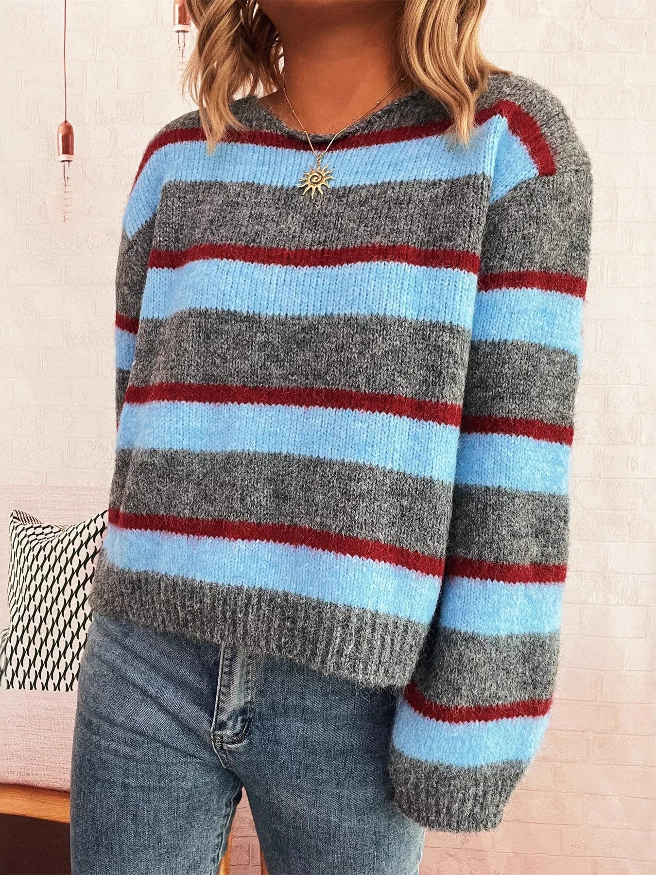 Striped Round Neck Long Sleeve Sweater - MAD RUFFI