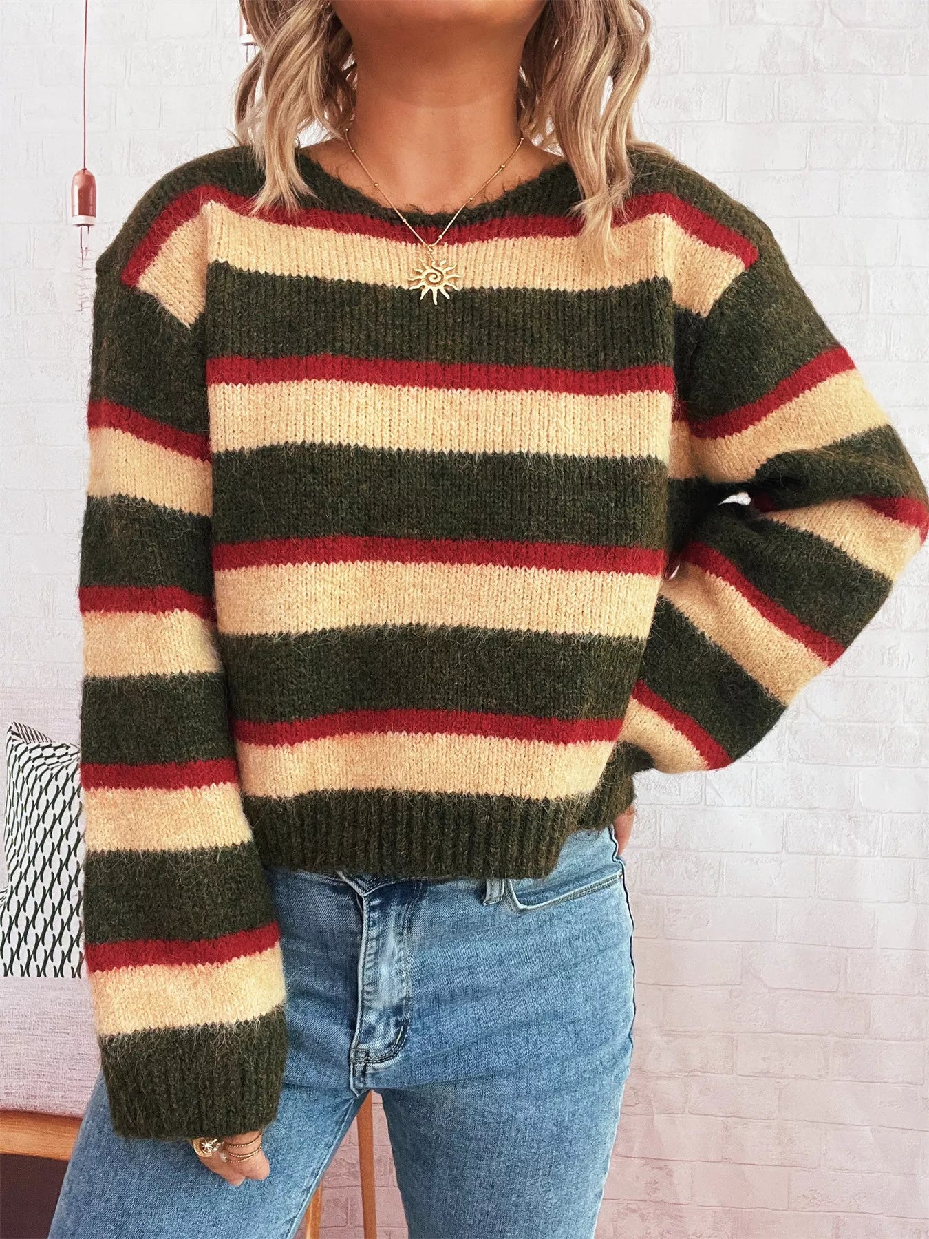 Striped Round Neck Long Sleeve Sweater - MAD RUFFI