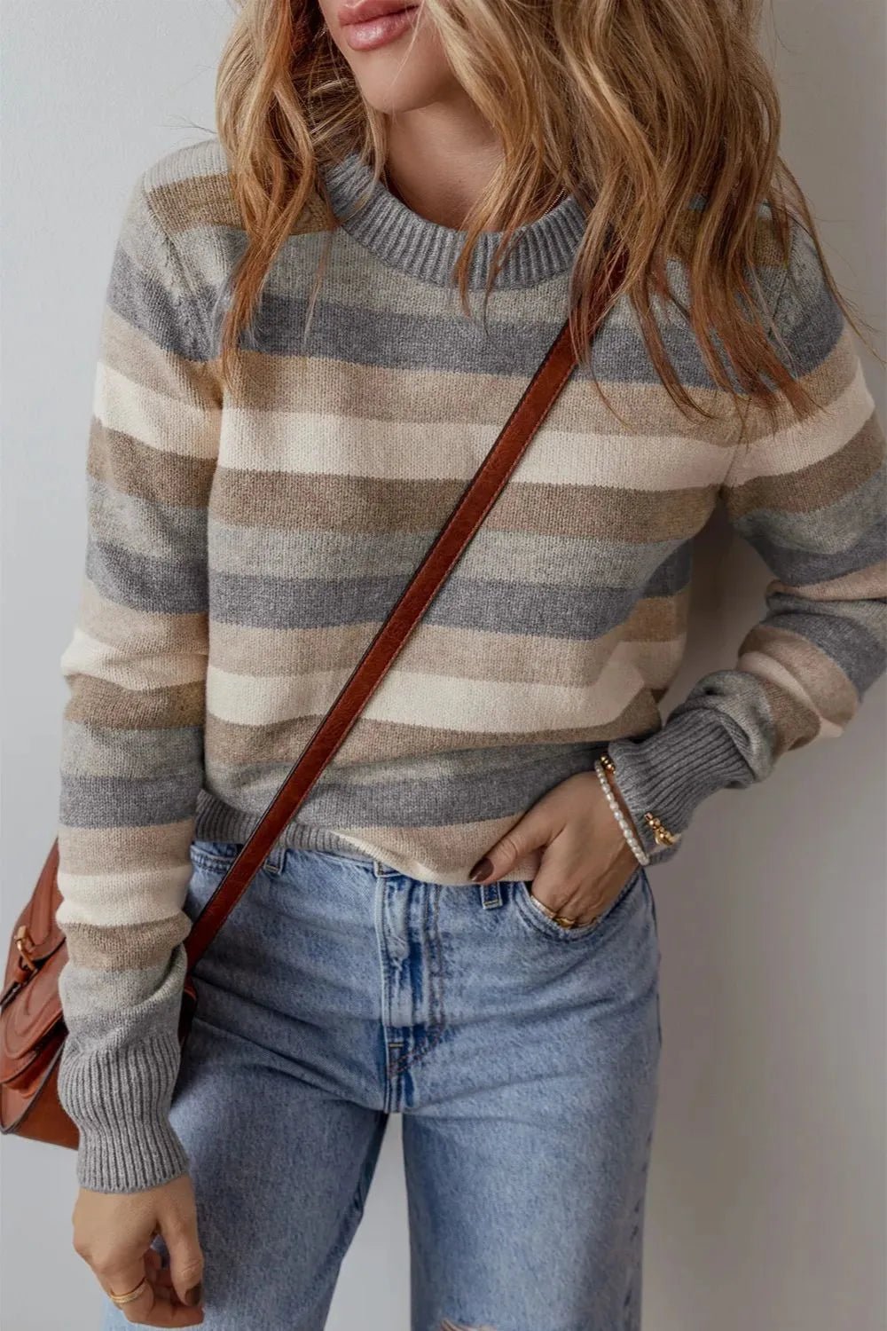 Striped Round Neck Long Sleeve Sweater - MAD RUFFI