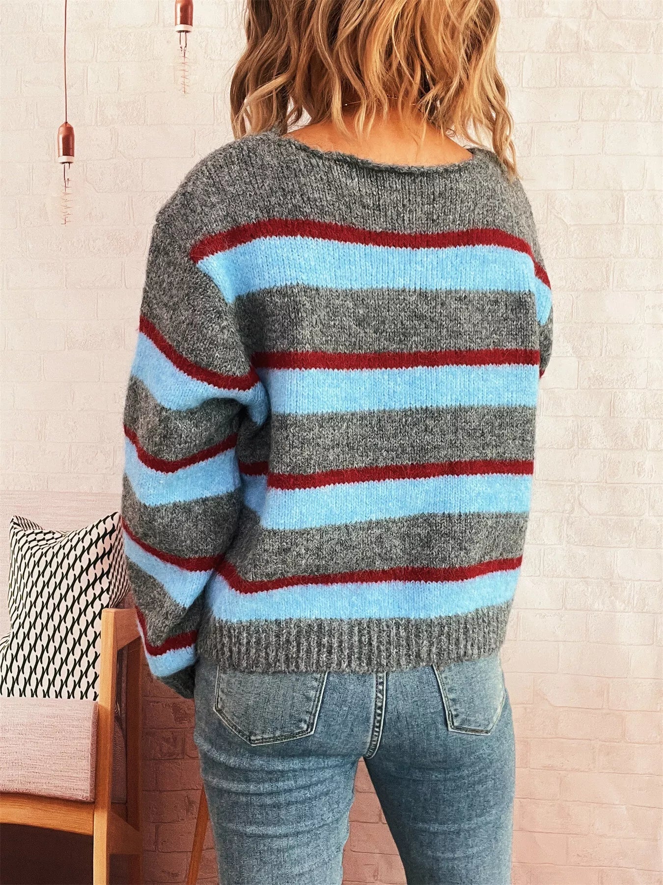 Striped Round Neck Long Sleeve Sweater - MAD RUFFI