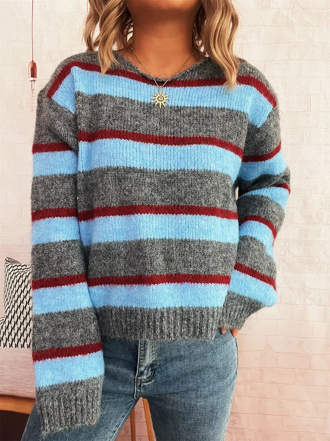 Striped Round Neck Long Sleeve Sweater - MAD RUFFI