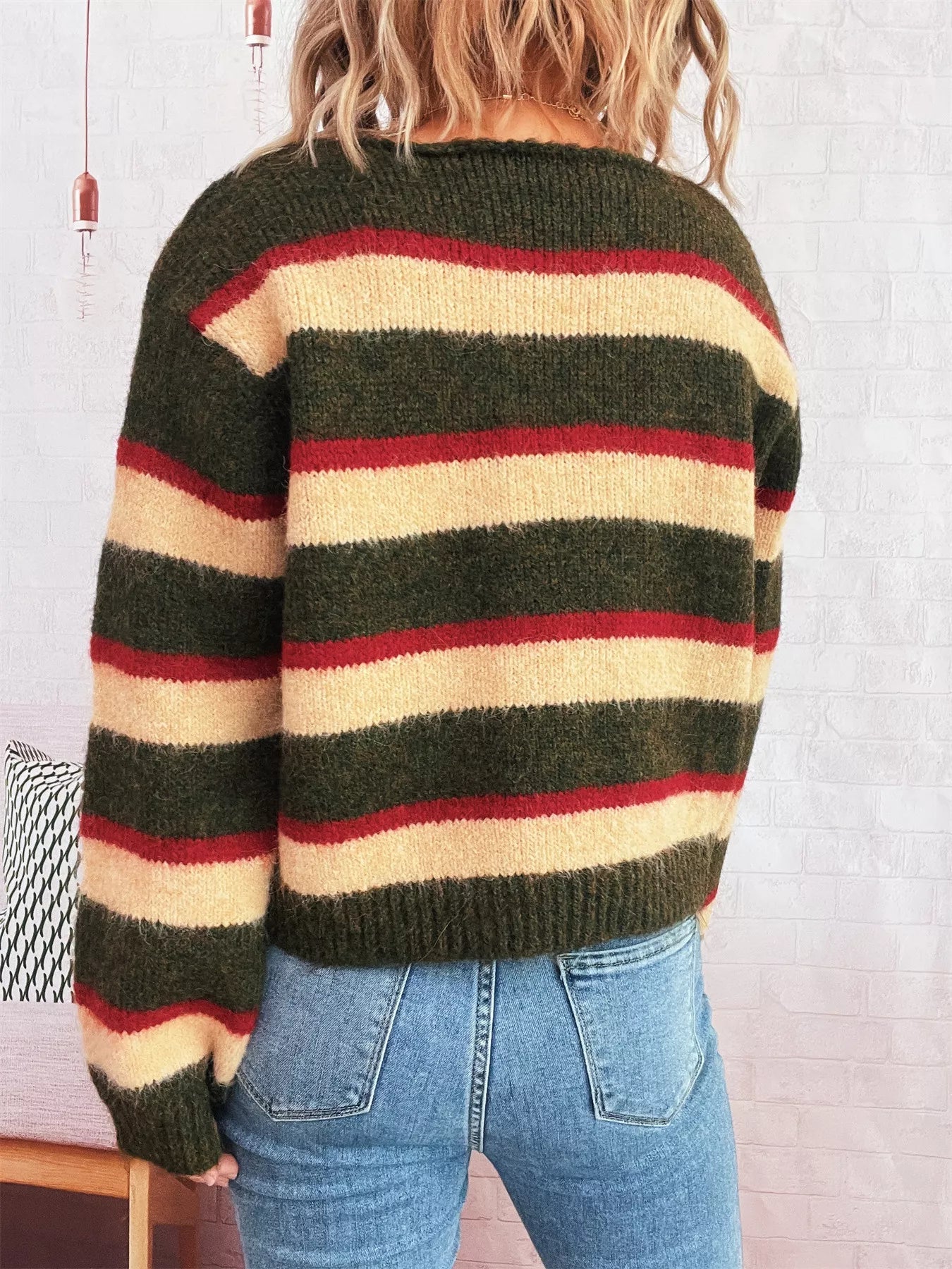 Striped Round Neck Long Sleeve Sweater - MAD RUFFI