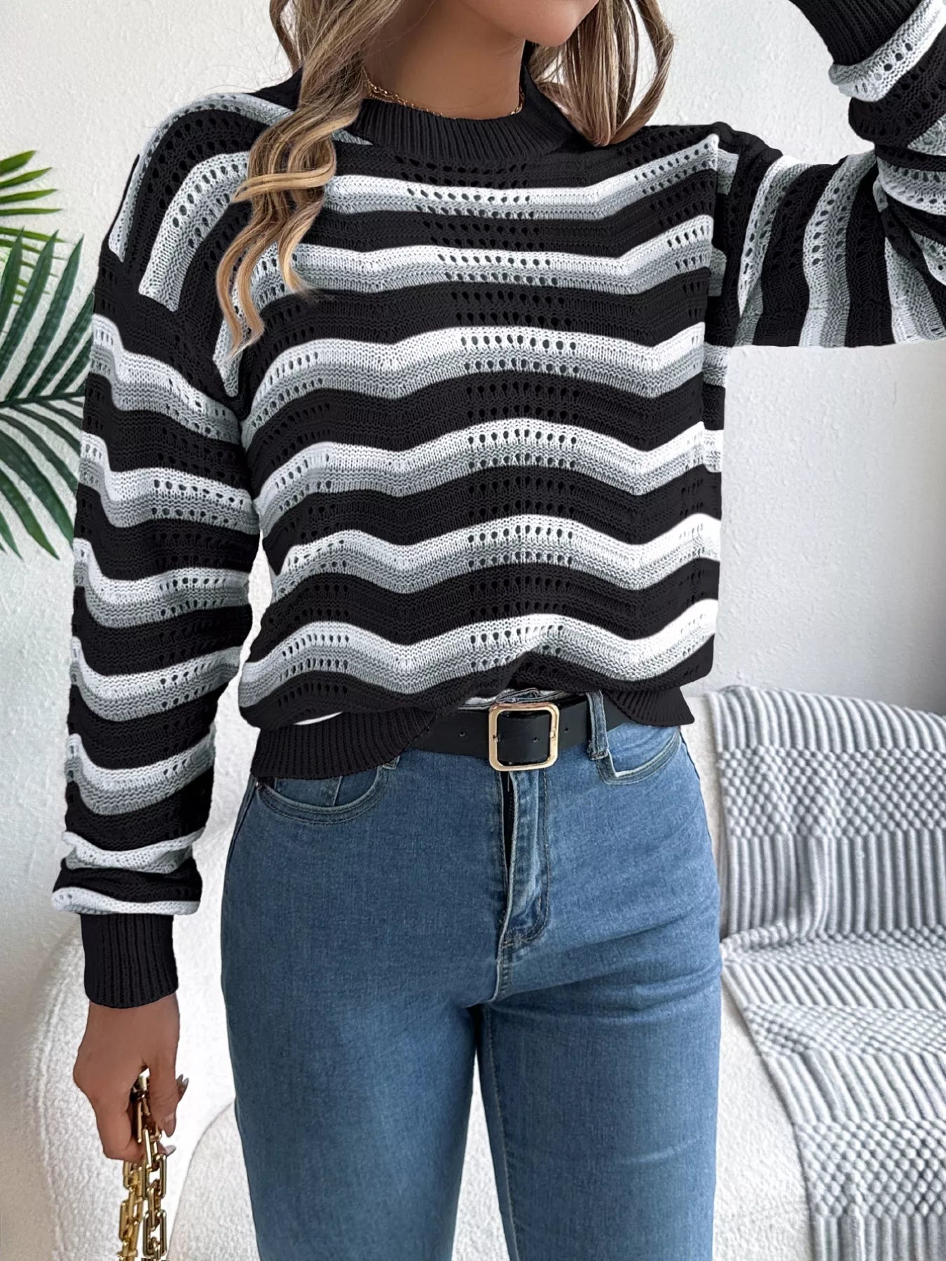 Striped Round Neck Long Sleeve Sweater - MAD RUFFI