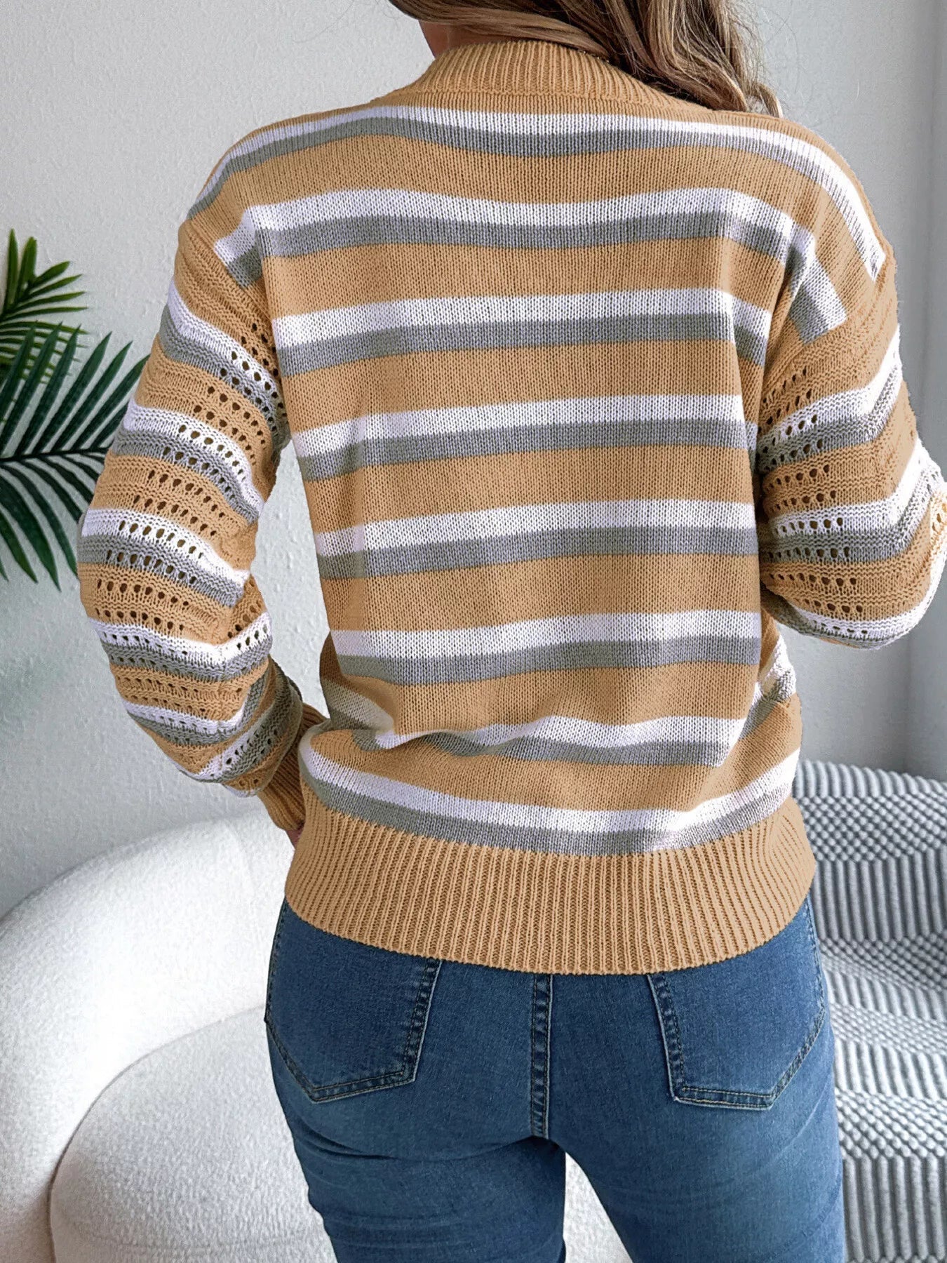 Striped Round Neck Long Sleeve Sweater - MAD RUFFI