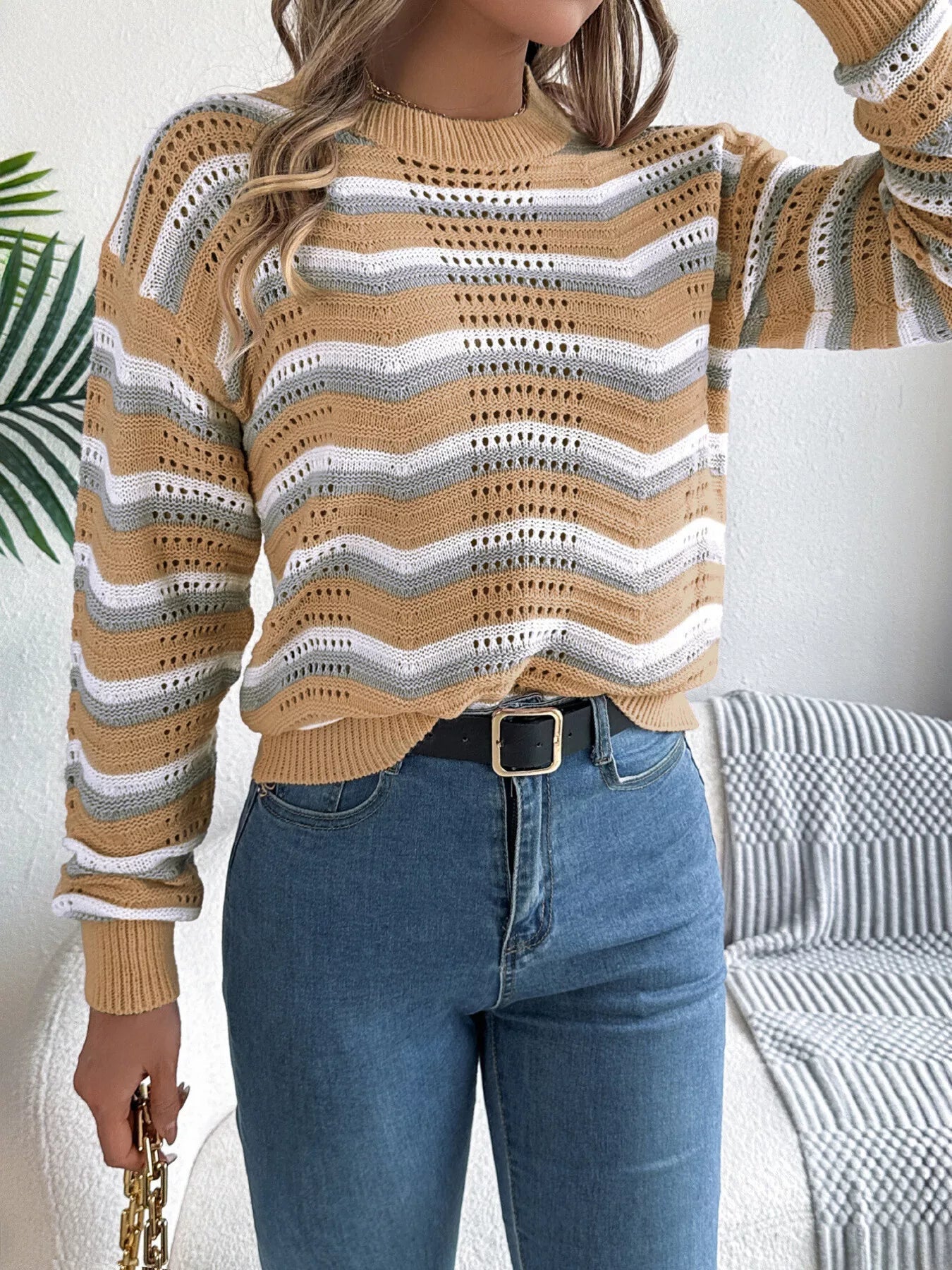 Striped Round Neck Long Sleeve Sweater - MAD RUFFI