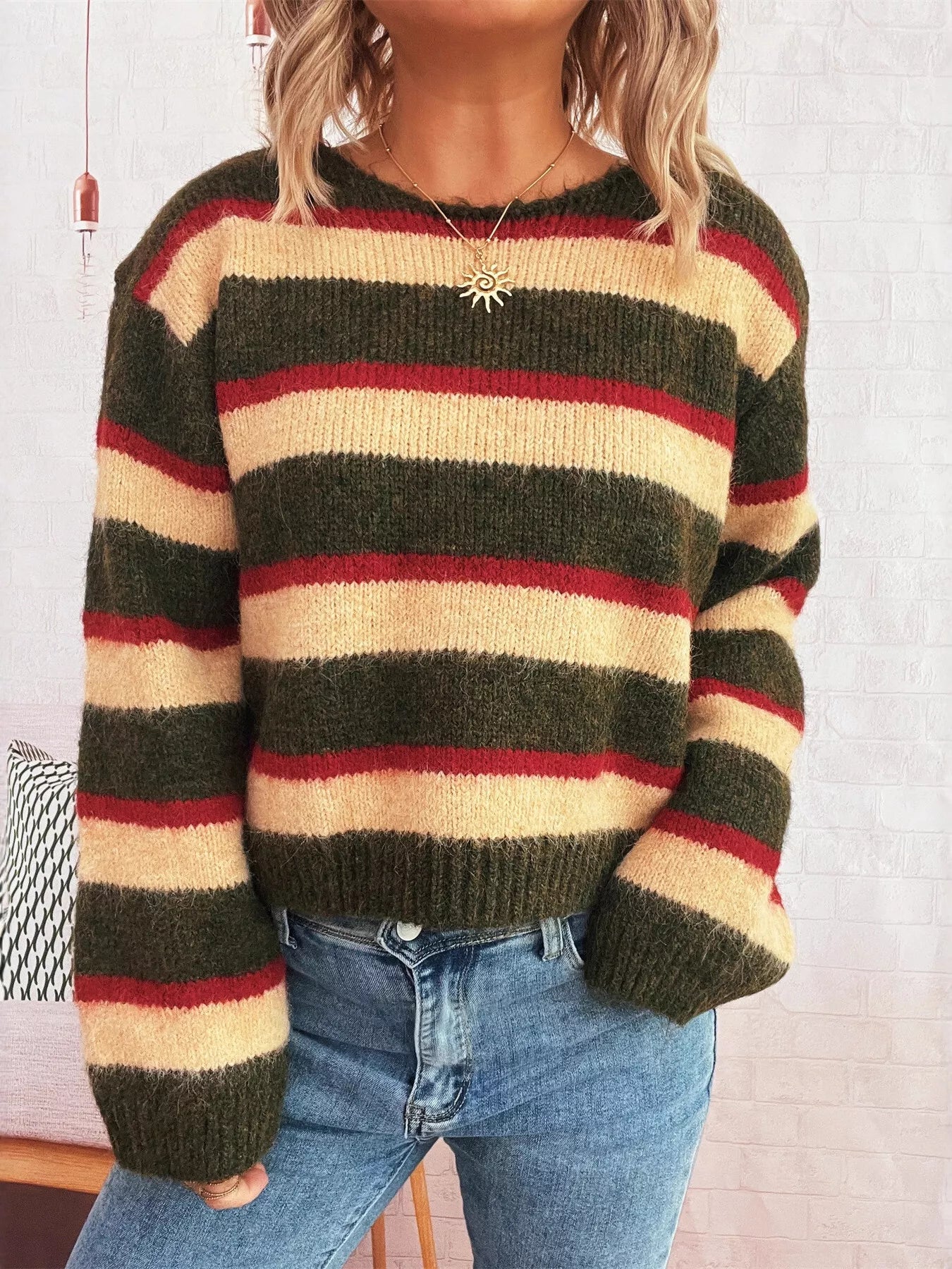 Striped Round Neck Long Sleeve Sweater - MAD RUFFI