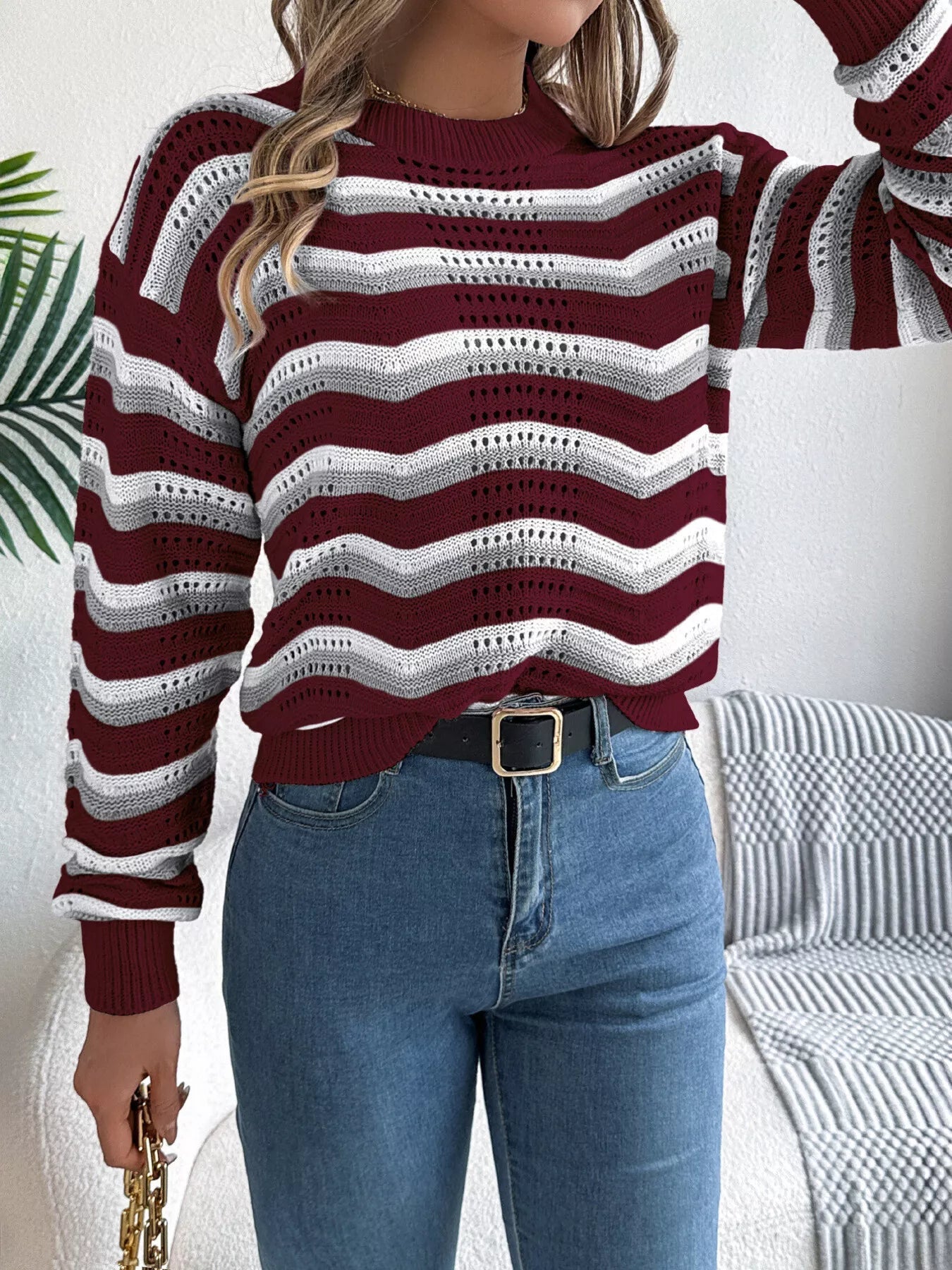 Striped Round Neck Long Sleeve Sweater - MAD RUFFI