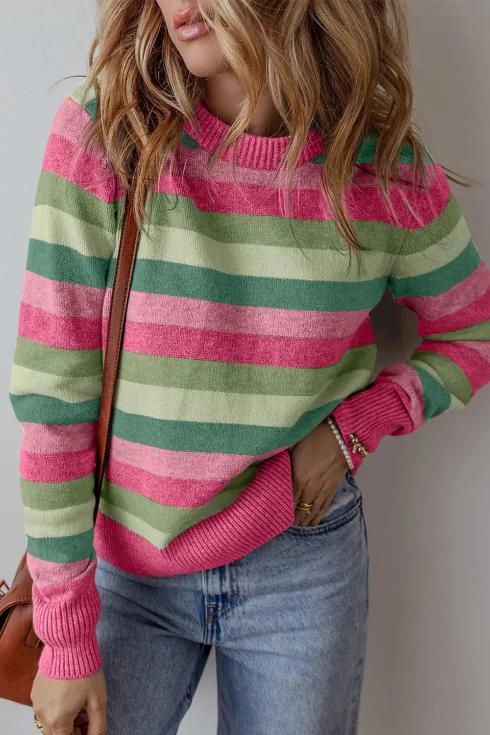 Striped Round Neck Long Sleeve Sweater - MAD RUFFI