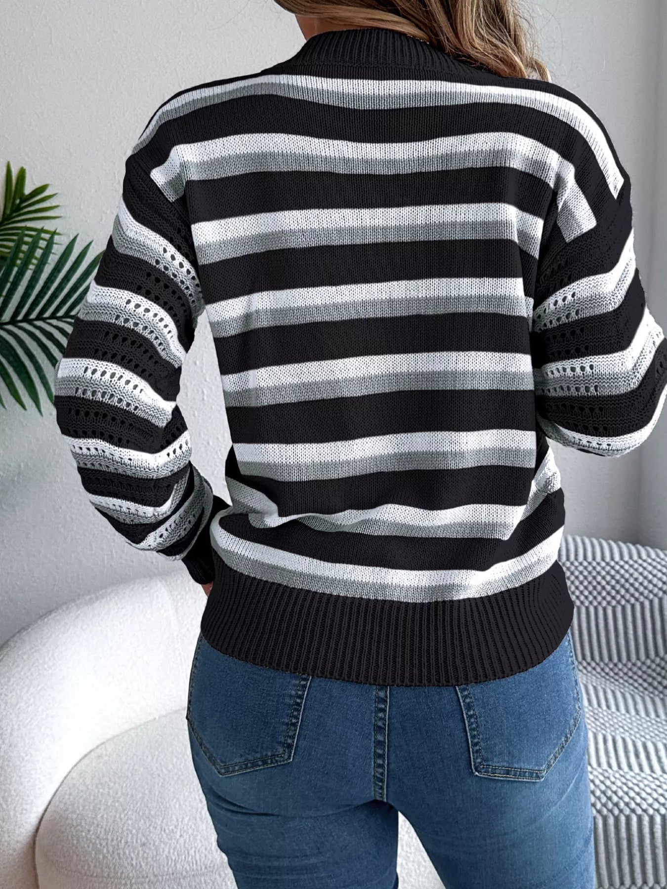 Striped Round Neck Long Sleeve Sweater - MAD RUFFI