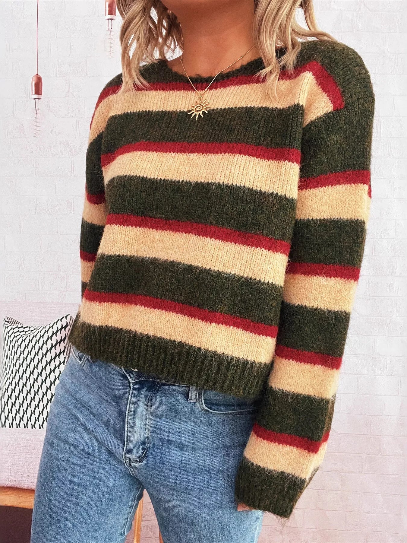 Striped Round Neck Long Sleeve Sweater - MAD RUFFI