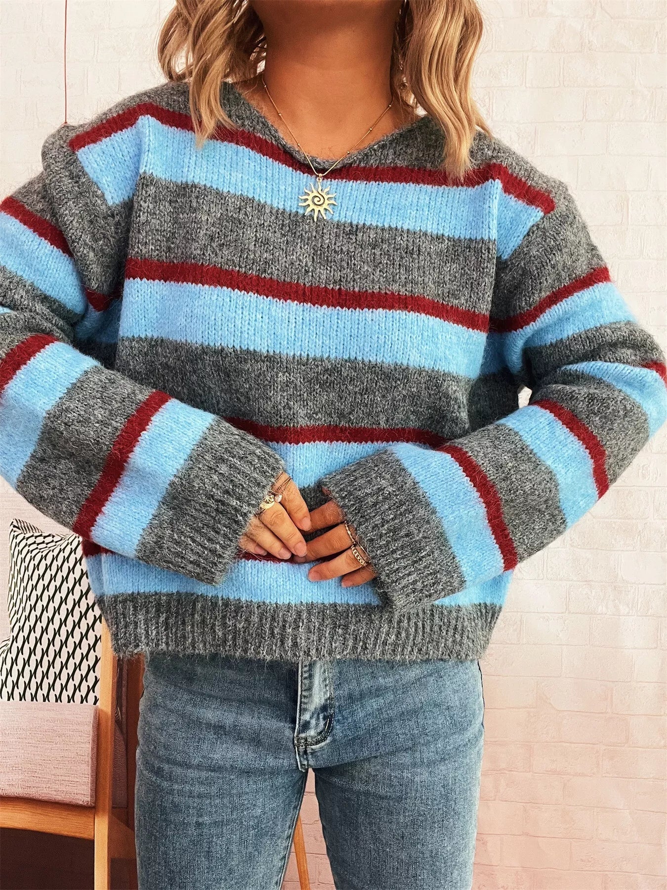 Striped Round Neck Long Sleeve Sweater - MAD RUFFI
