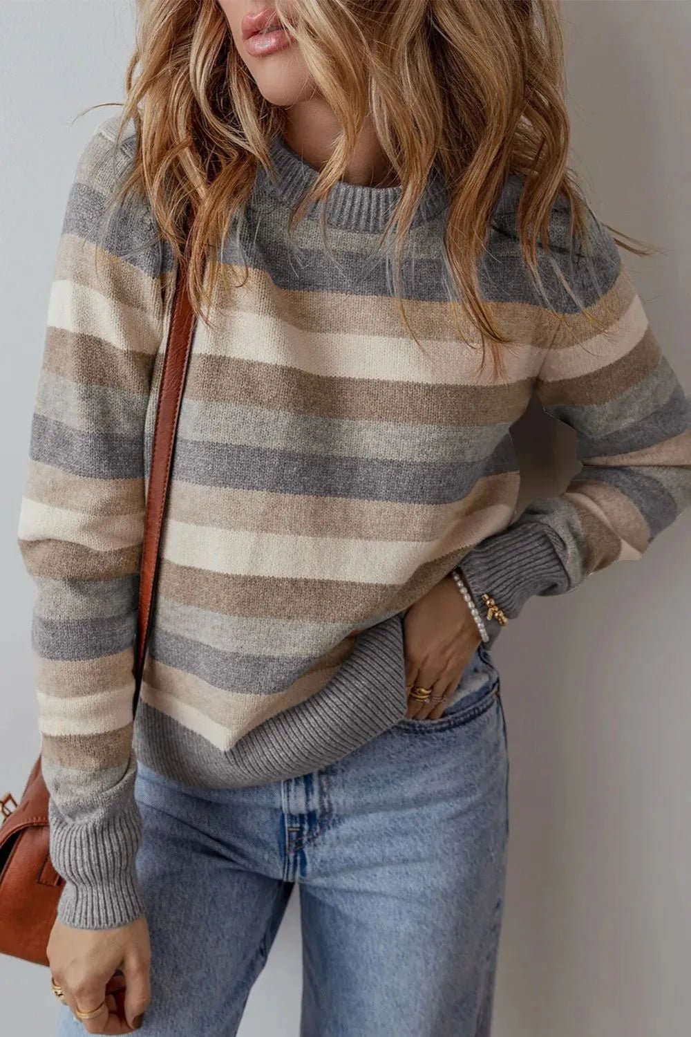Striped Round Neck Long Sleeve Sweater - MAD RUFFI