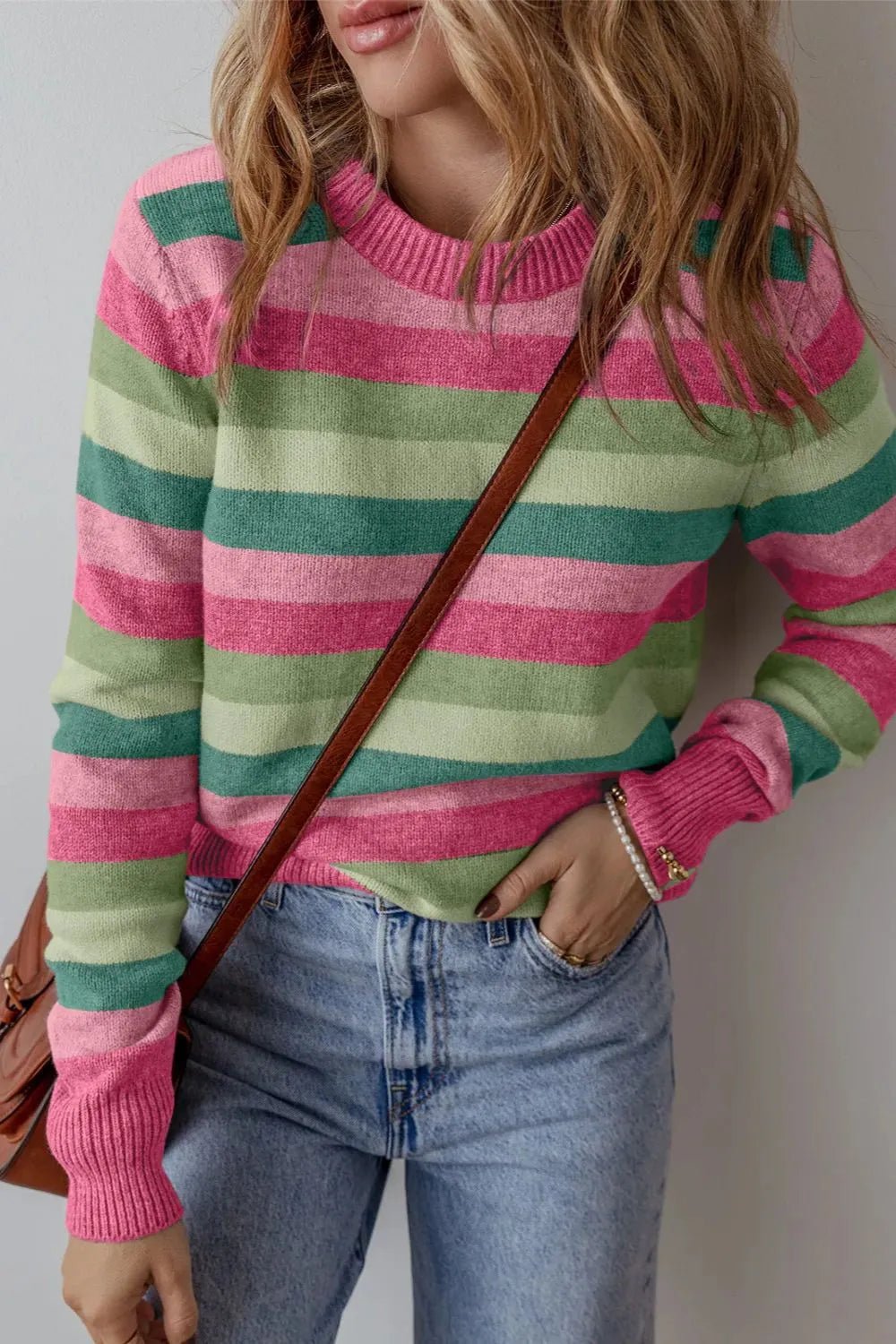 Striped Round Neck Long Sleeve Sweater - MAD RUFFI