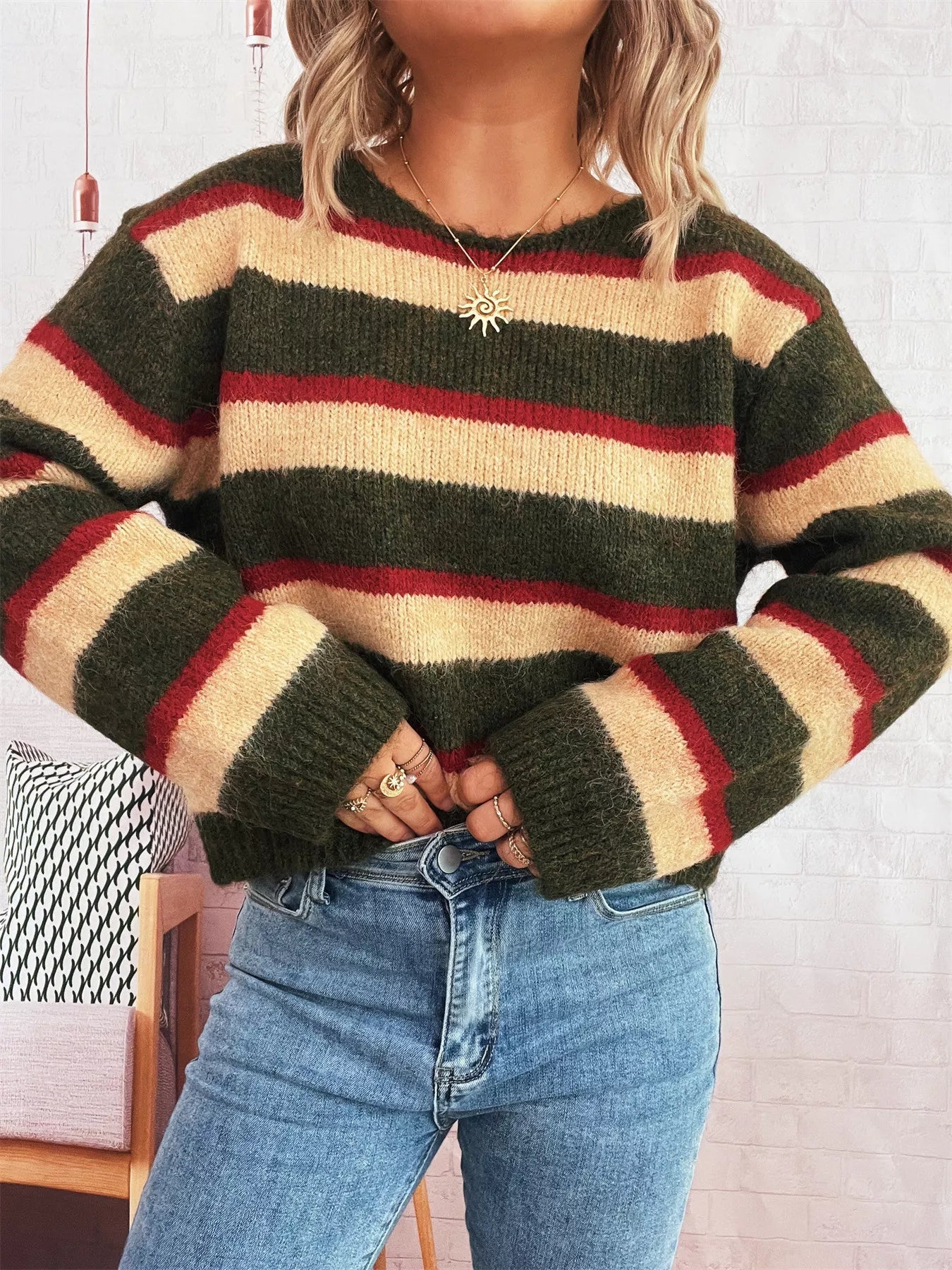 Striped Round Neck Long Sleeve Sweater - MAD RUFFI