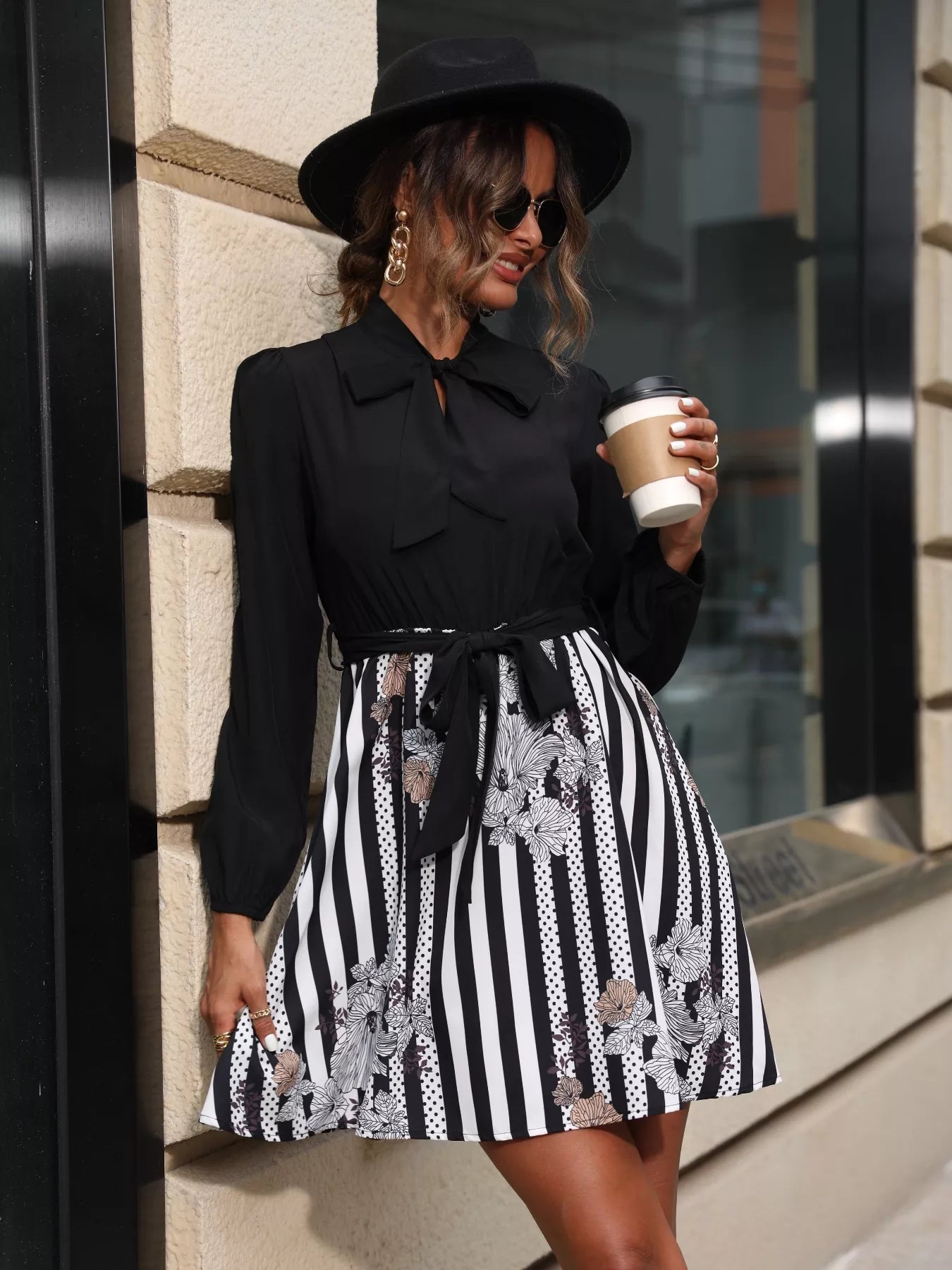 Striped Tie Front Long Sleeve Mini Dress - MAD RUFFI