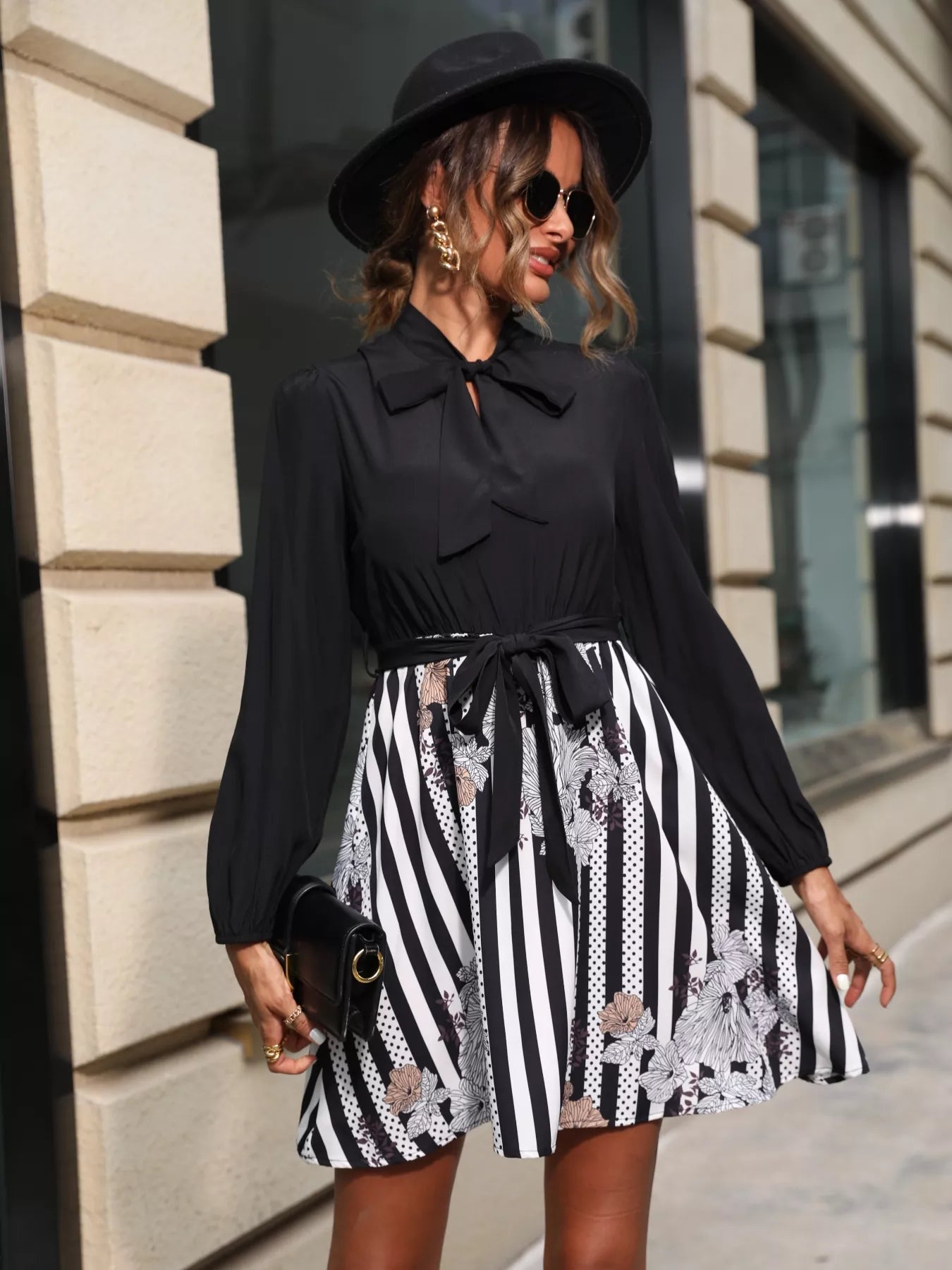 Striped Tie Front Long Sleeve Mini Dress - MAD RUFFI