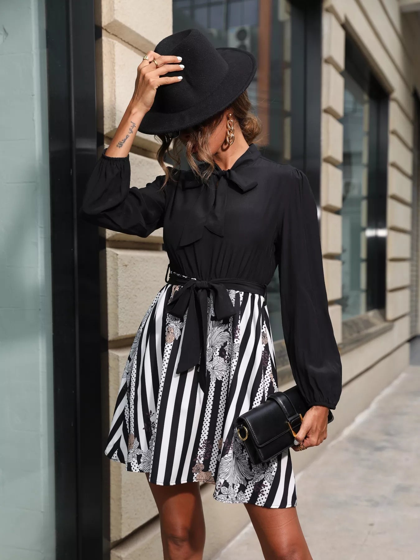 Striped Tie Front Long Sleeve Mini Dress - MAD RUFFI