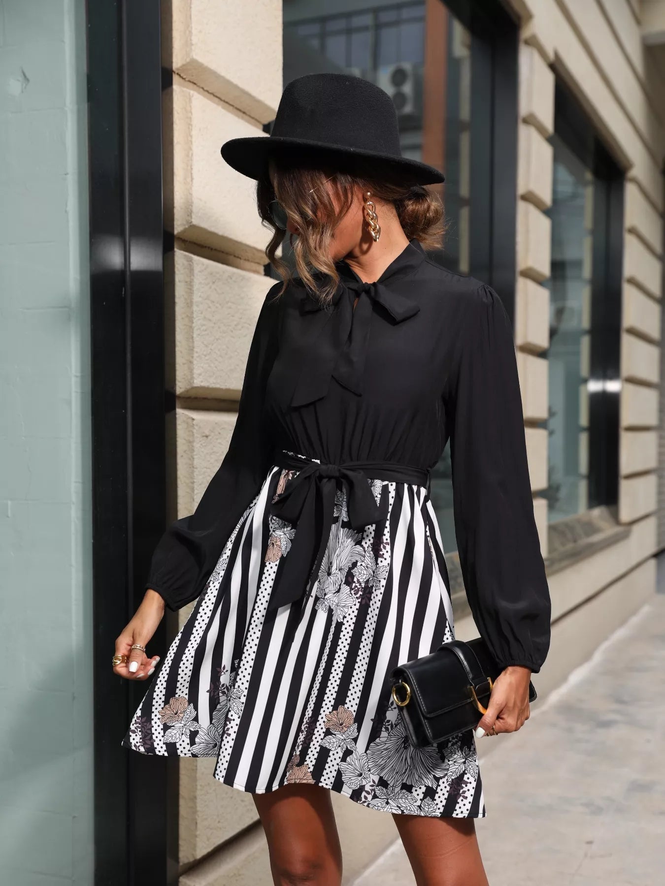 Striped Tie Front Long Sleeve Mini Dress - MAD RUFFI