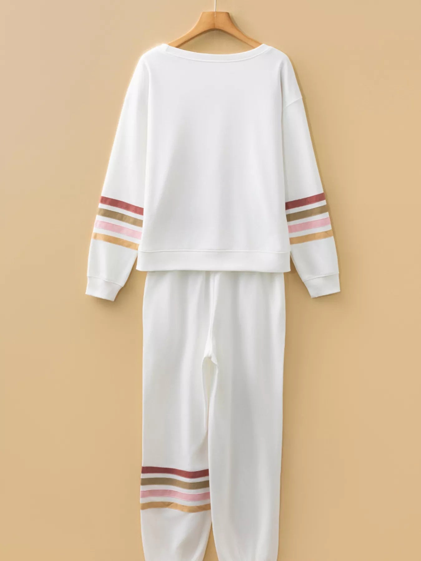 Striped Trim Round Neck Top and Pants Set - MAD RUFFI