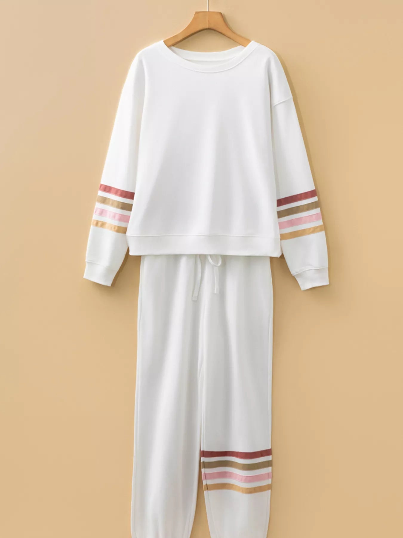 Striped Trim Round Neck Top and Pants Set - MAD RUFFI