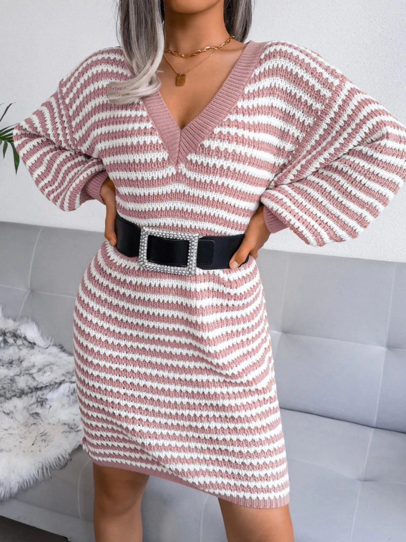 Striped V - Neck Long Sleeve Sweater Dress - MAD RUFFI
