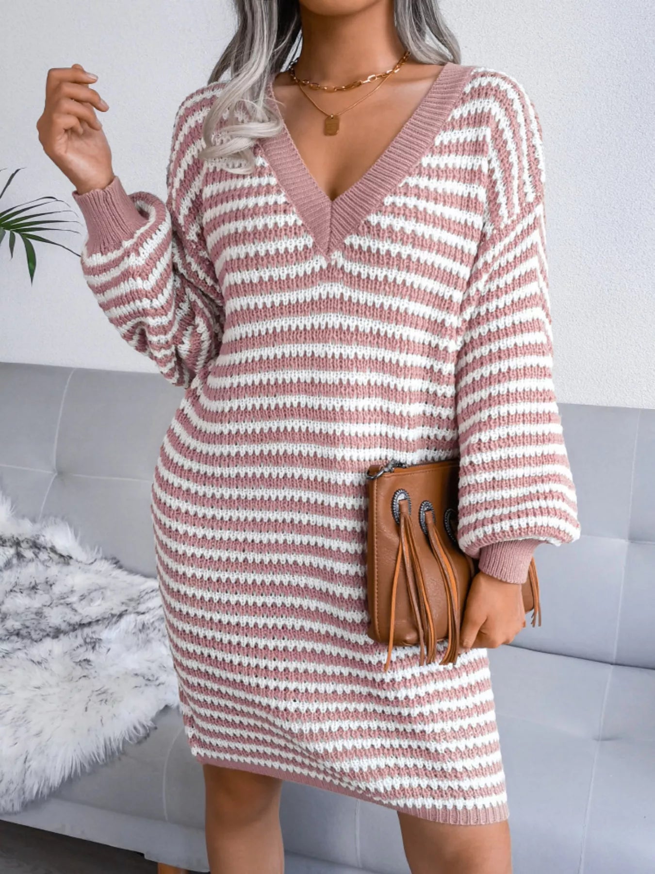 Striped V - Neck Long Sleeve Sweater Dress - MAD RUFFI