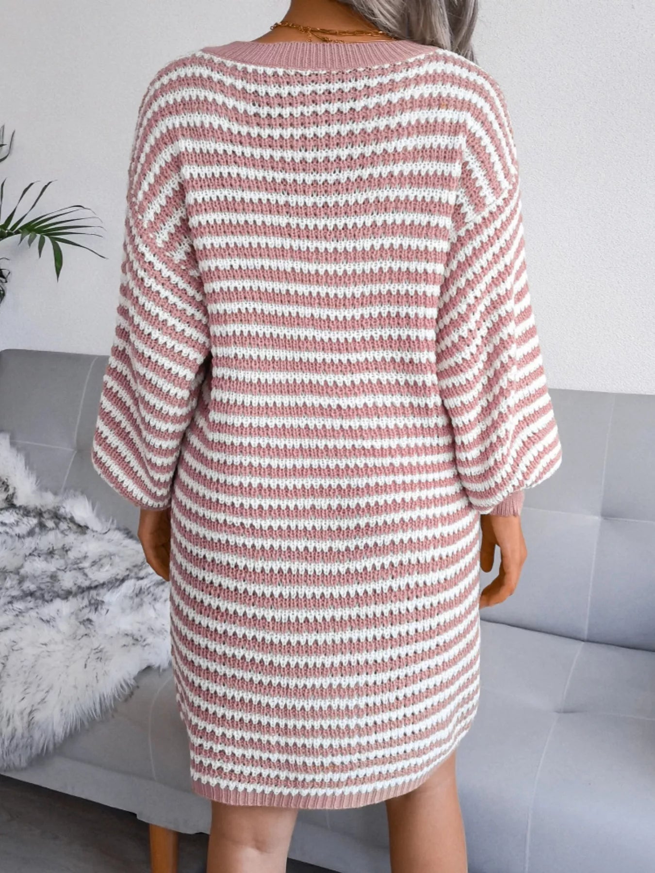 Striped V - Neck Long Sleeve Sweater Dress - MAD RUFFI