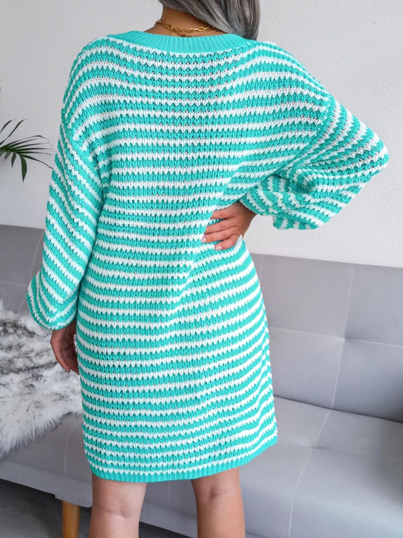 Striped V - Neck Long Sleeve Sweater Dress - MAD RUFFI
