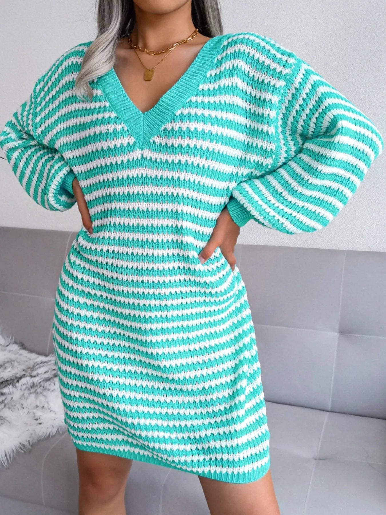 Striped V - Neck Long Sleeve Sweater Dress - MAD RUFFI