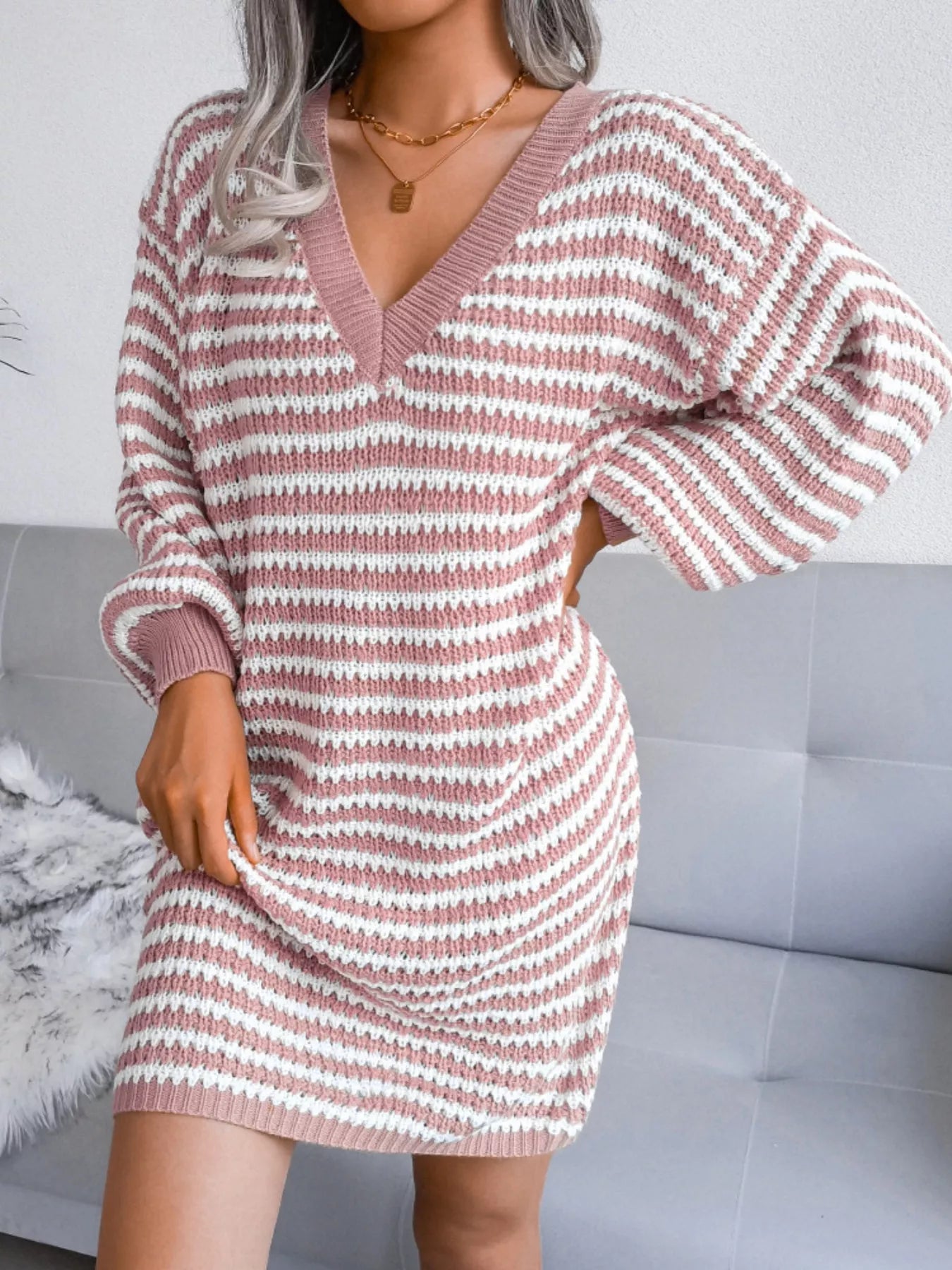 Striped V - Neck Long Sleeve Sweater Dress - MAD RUFFI