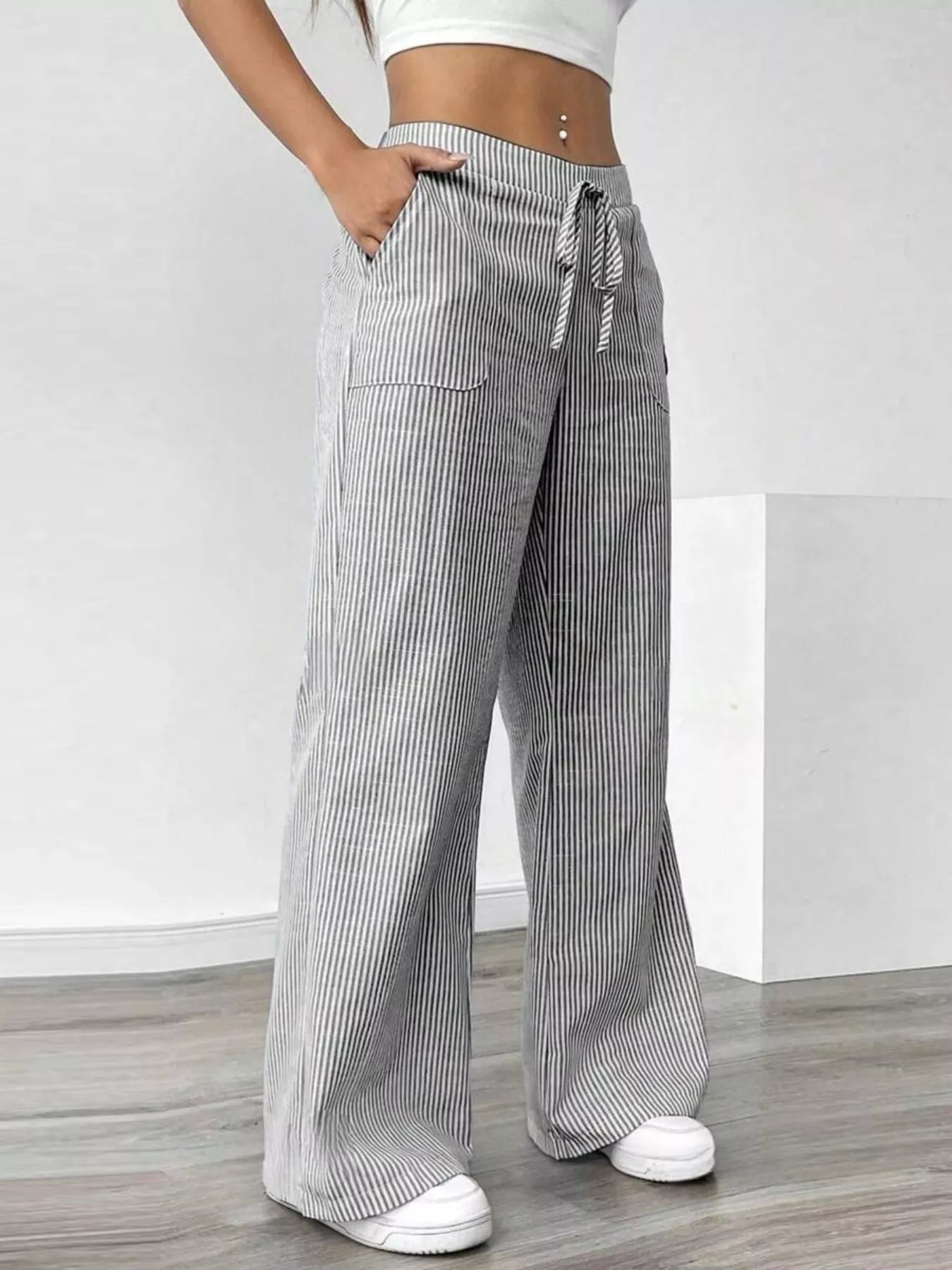Striped Wide Leg Pants - MAD RUFFI