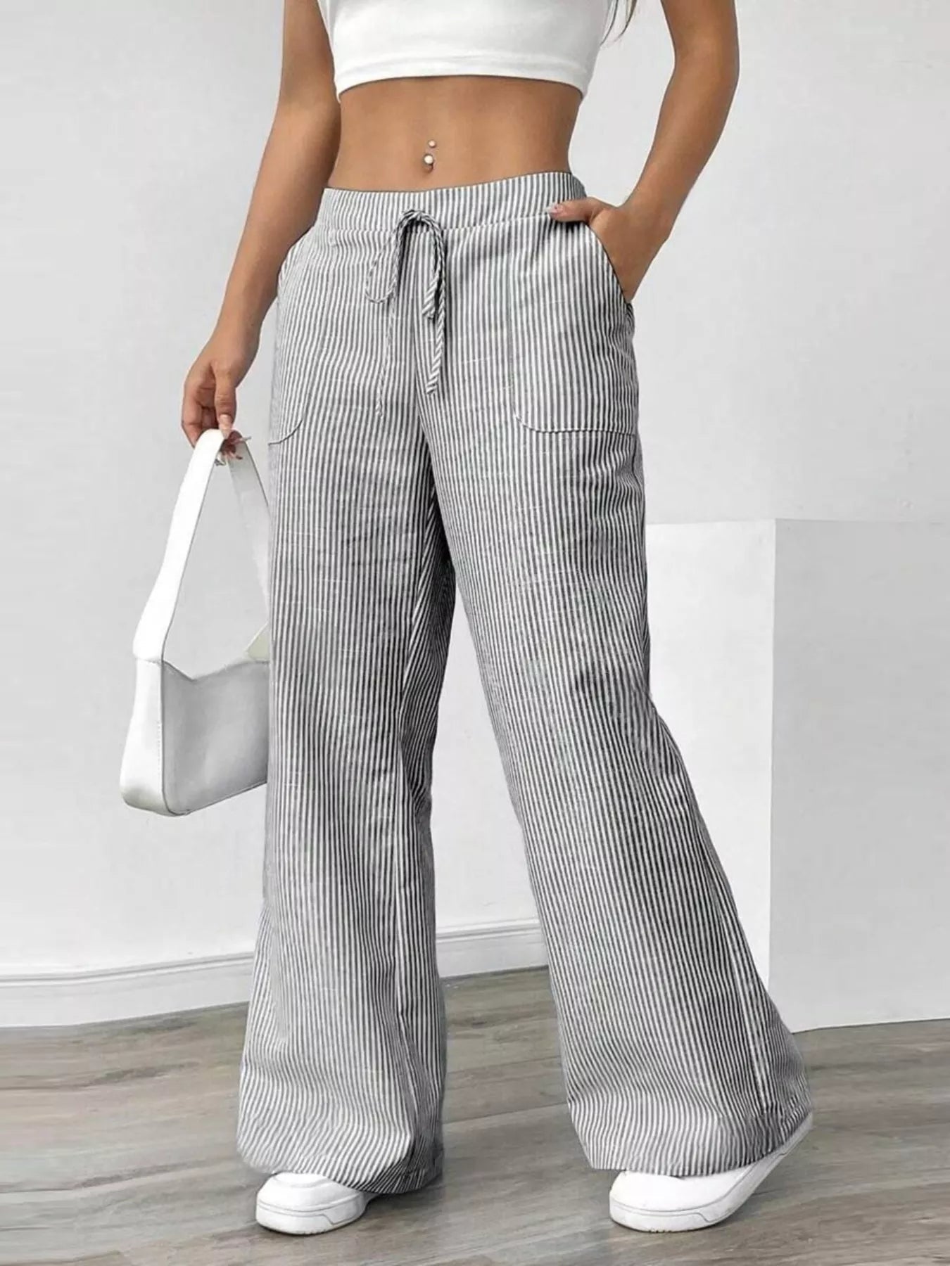 Striped Wide Leg Pants - MAD RUFFI