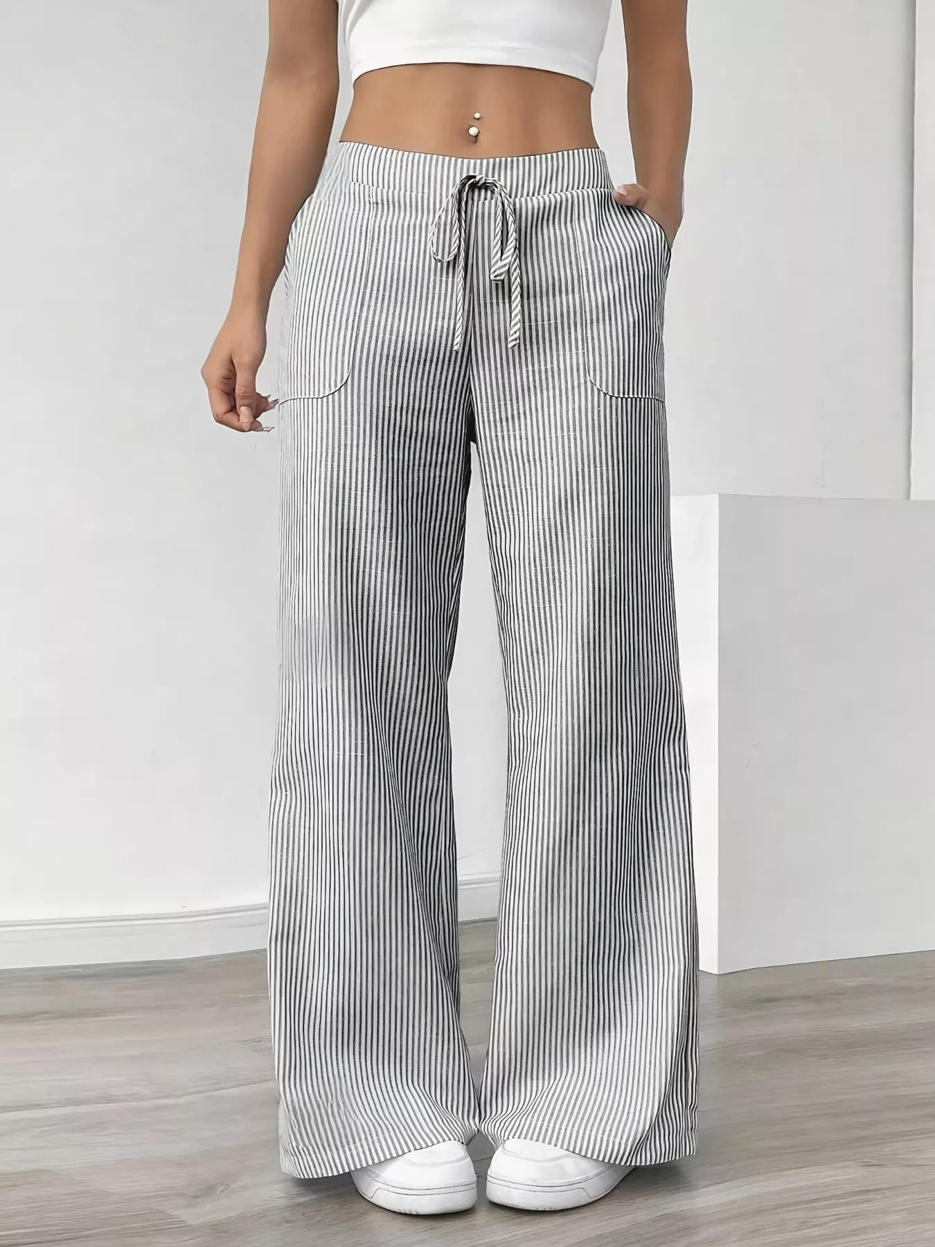 Striped Wide Leg Pants - MAD RUFFI
